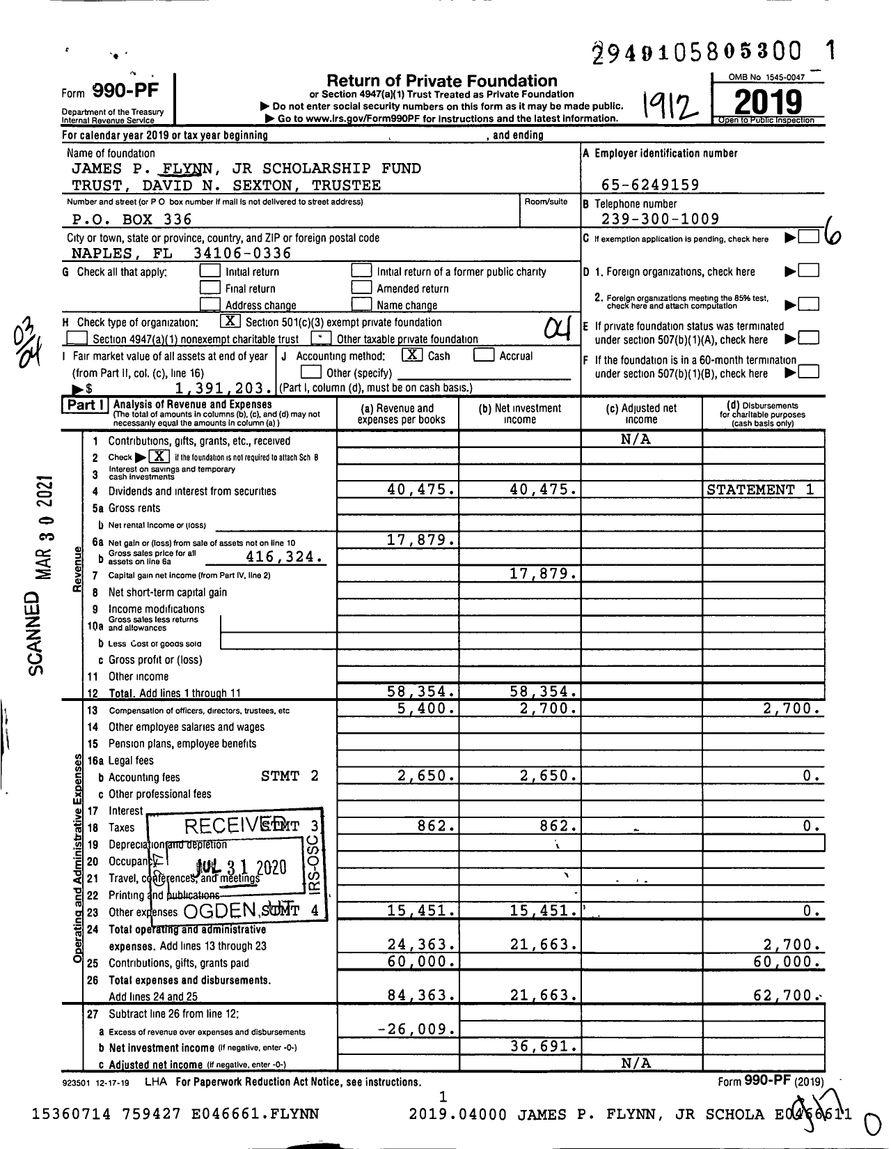 Image of first page of 2019 Form 990PF for James P Flynn JR Scholarship Fund Trust David N Sexton Trustee