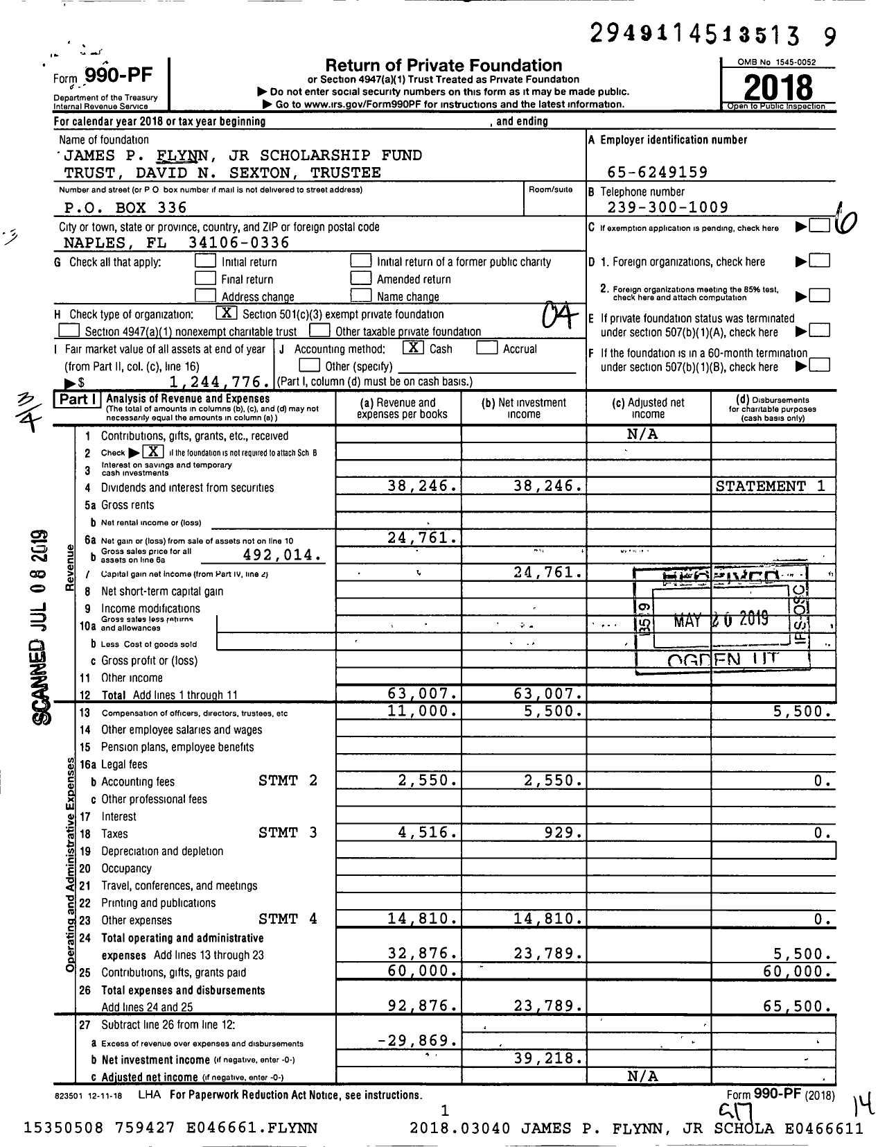 Image of first page of 2018 Form 990PF for James P Flynn JR Scholarship Fund Trust David N Sexton Trustee