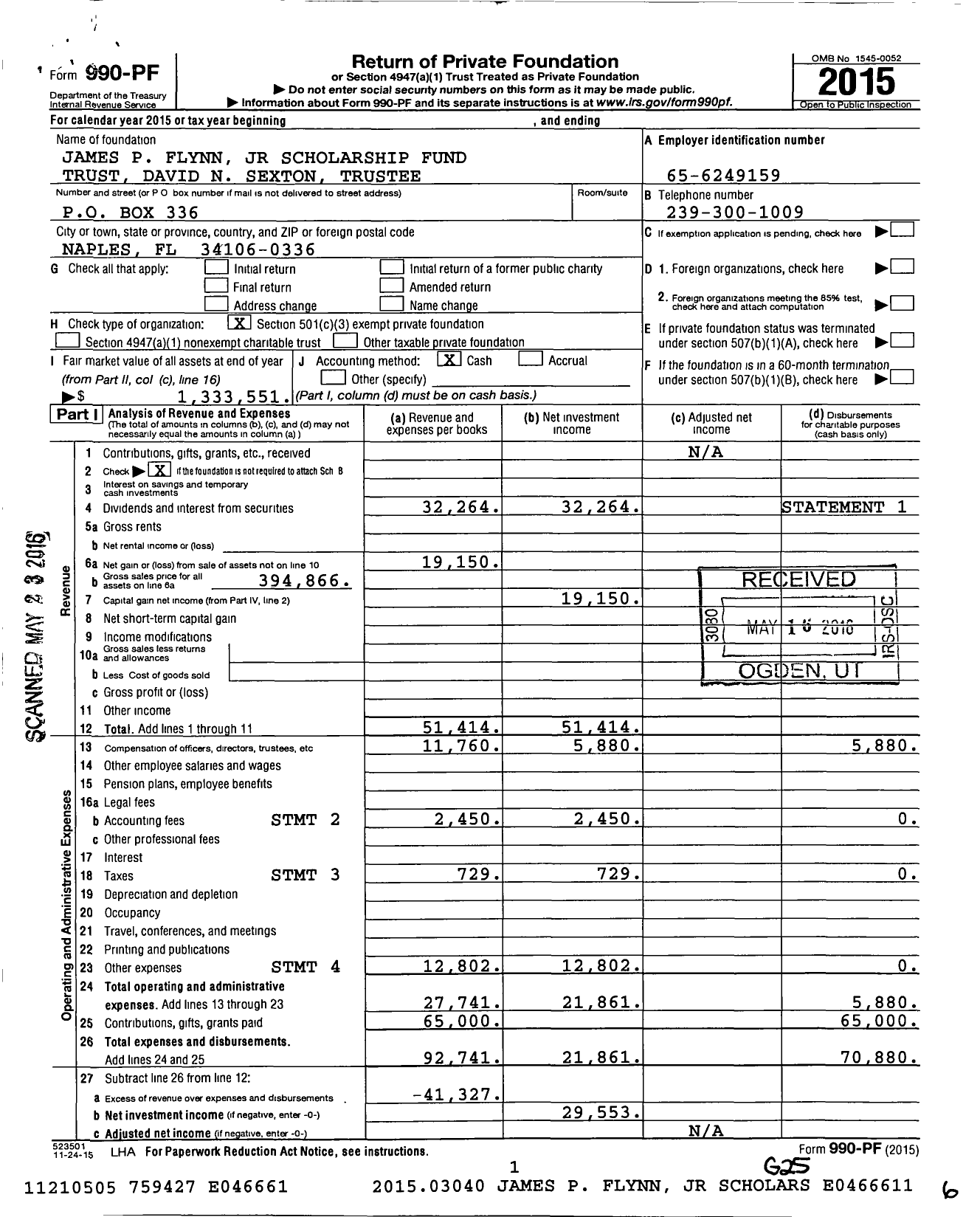 Image of first page of 2015 Form 990PF for James P Flynn JR Scholarship Fund Trust David N Sexton Trustee