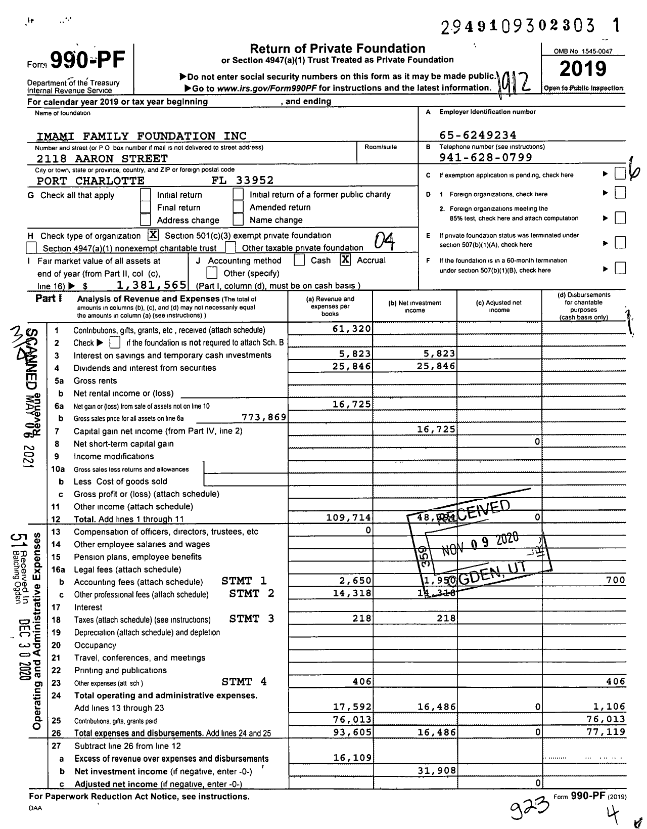 Image of first page of 2019 Form 990PF for Imami Family Foundation