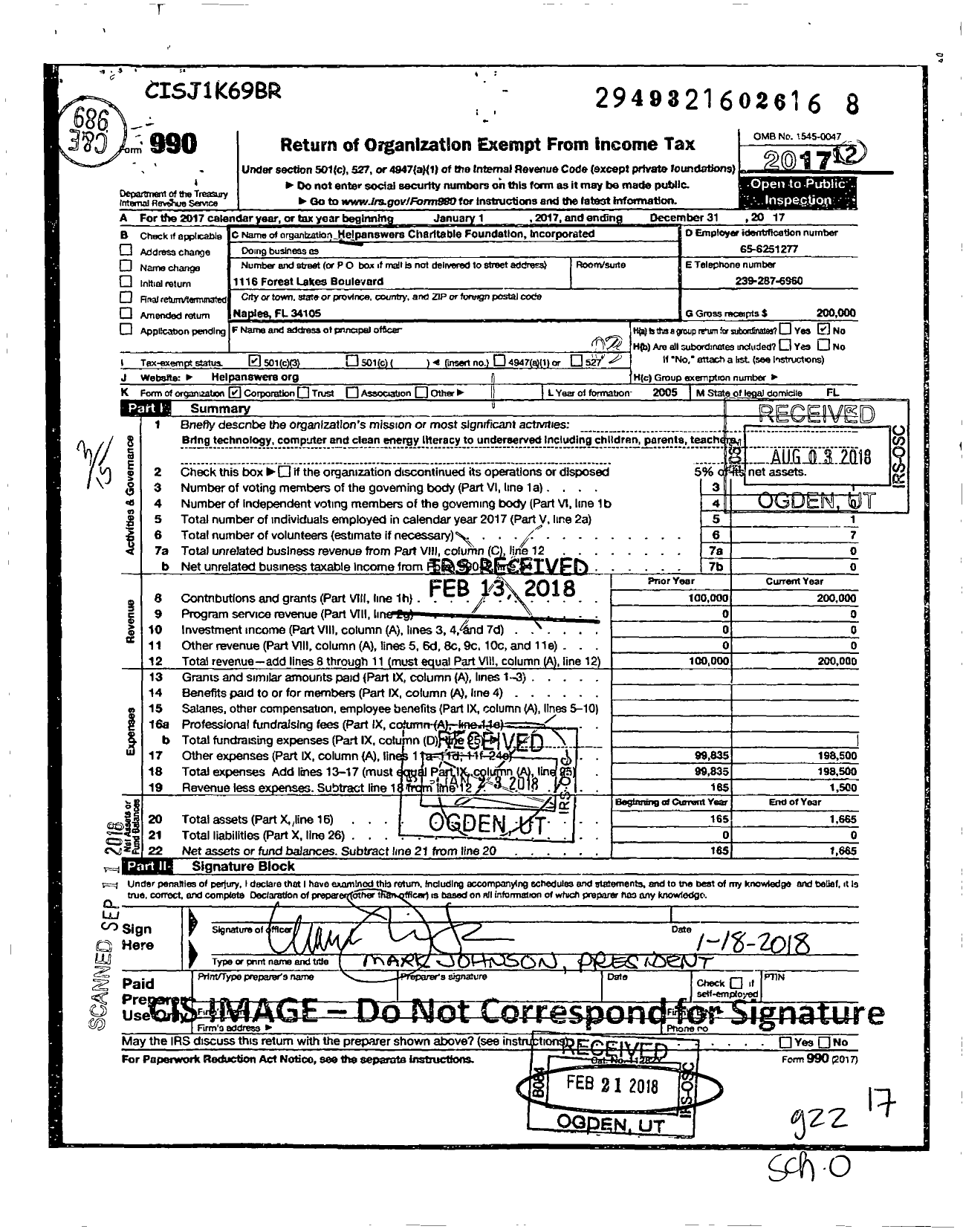 Image of first page of 2017 Form 990 for Helpanswers Charitable Foundation Incorporated