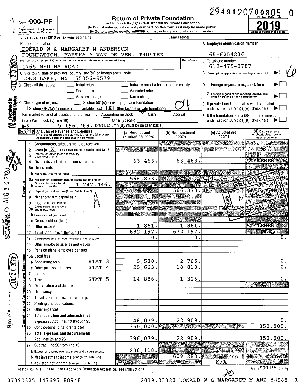 Image of first page of 2019 Form 990PR for Donald W and Margaret M Anderson Foundation