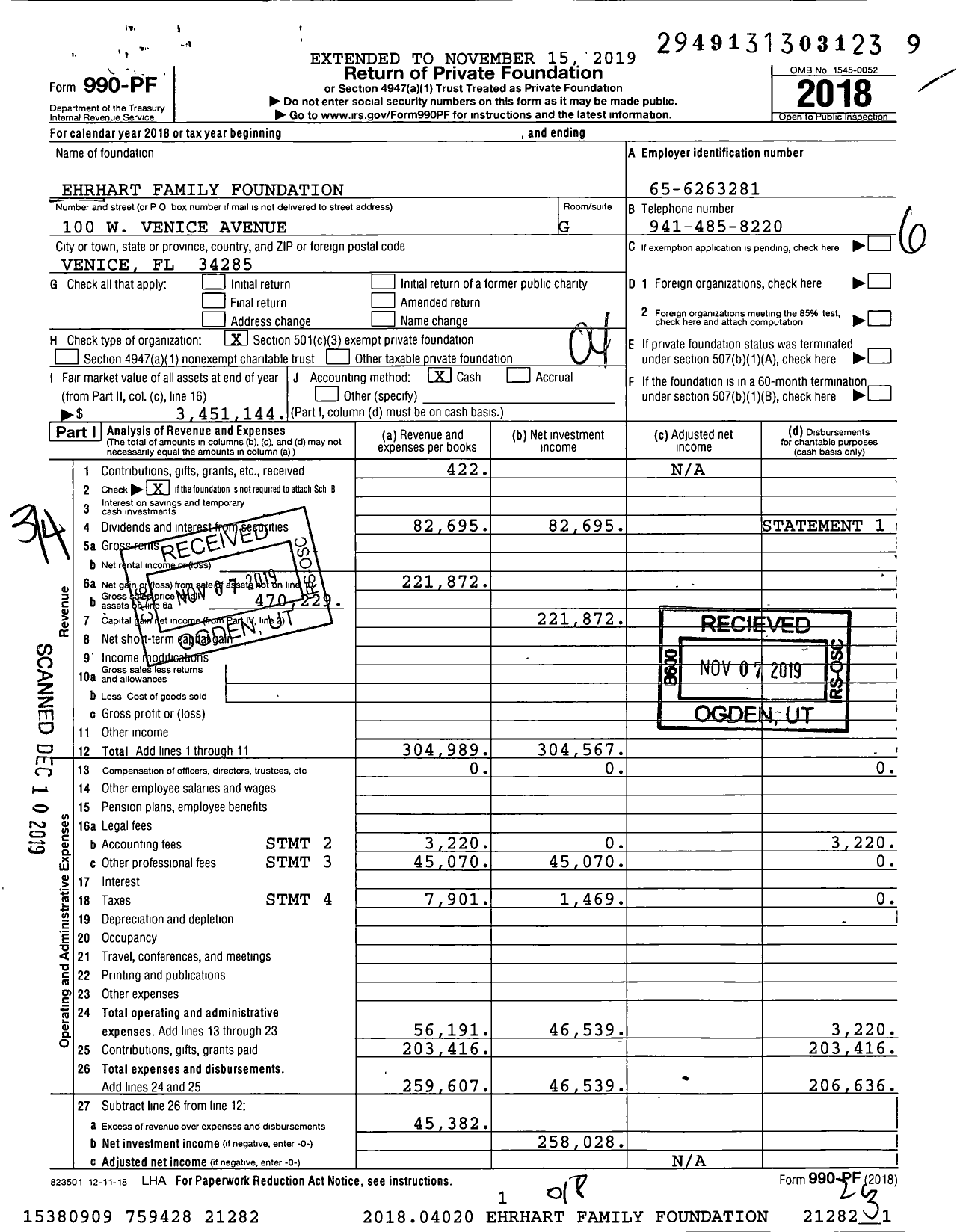 Image of first page of 2018 Form 990PF for Ehrhart Family Foundation