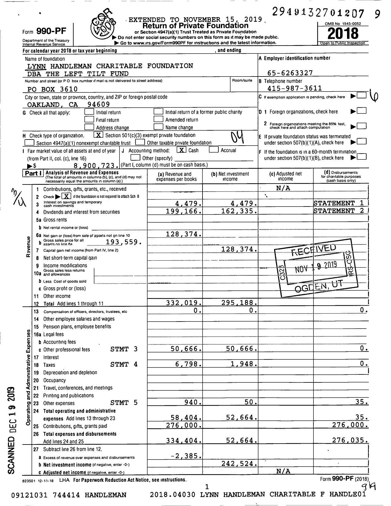 Image of first page of 2018 Form 990PF for The Left Tilt Fund
