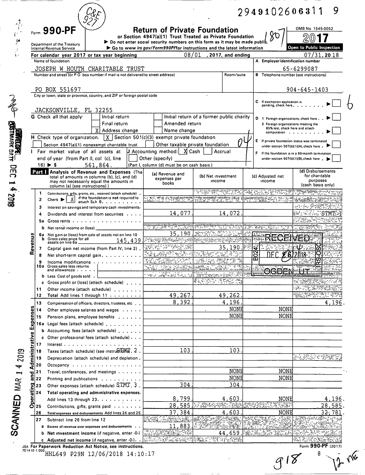 Image of first page of 2017 Form 990PF for Joseph W Houth Charitable Trust