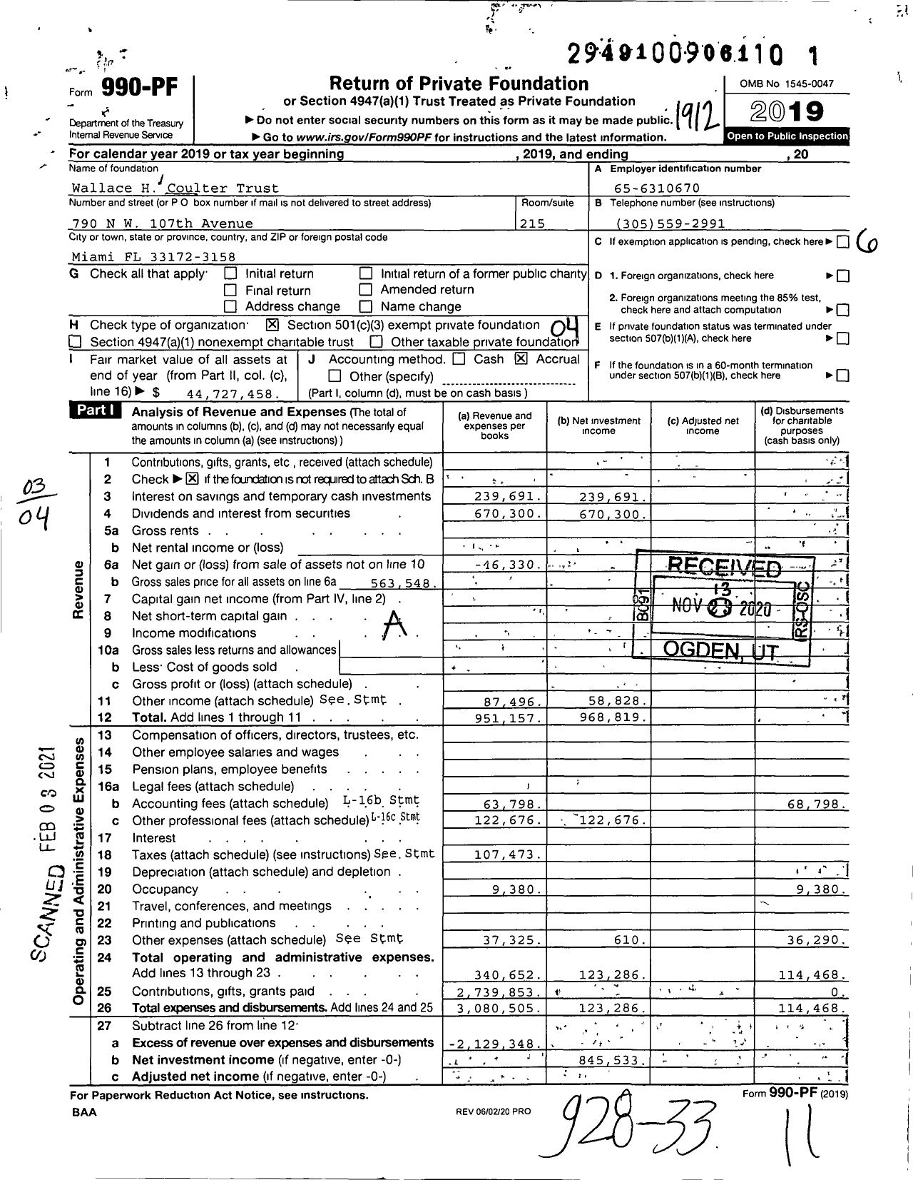 Image of first page of 2019 Form 990PF for Wallace H Coulter Trust