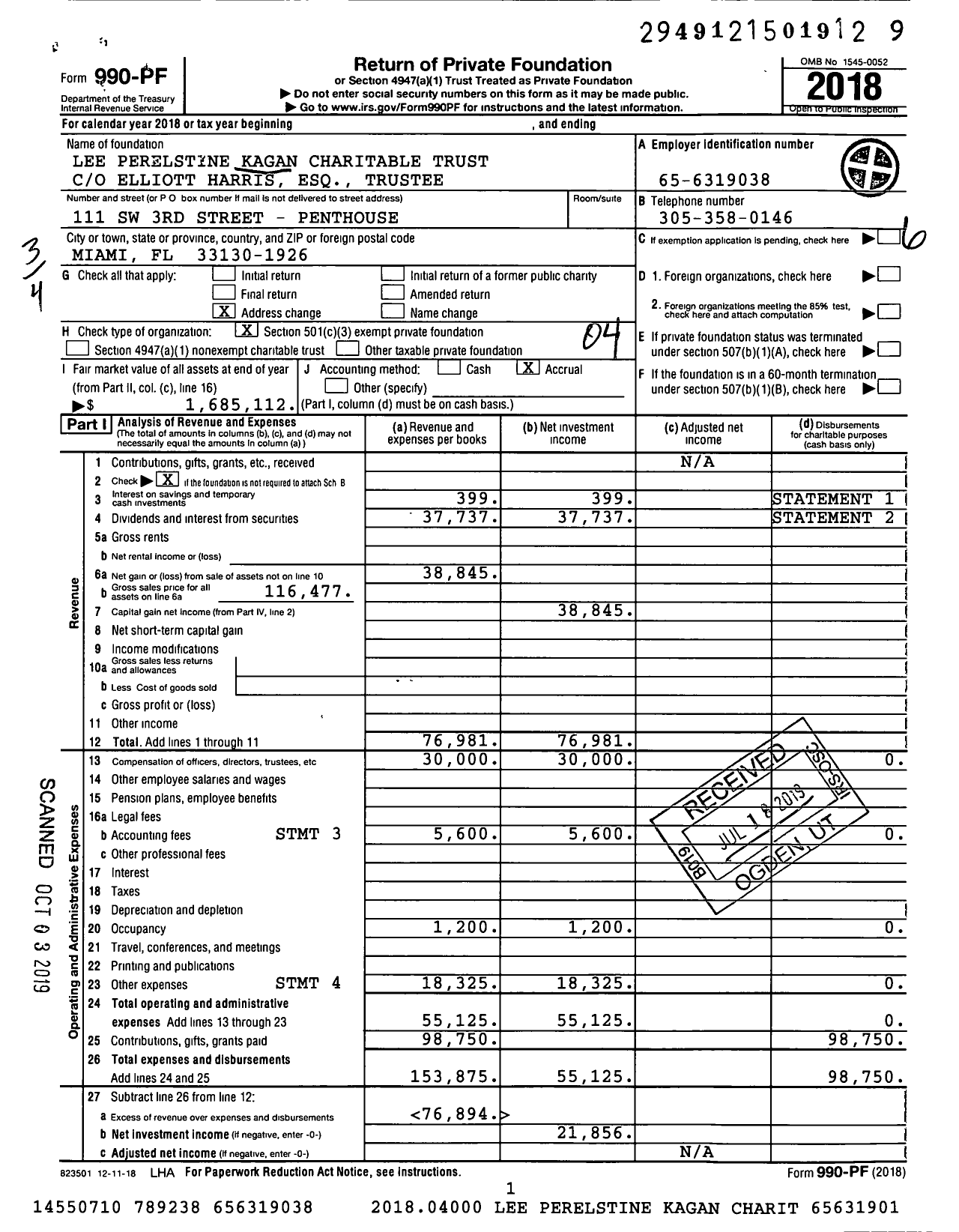 Image of first page of 2018 Form 990PF for Lee Perelstine Kagan Charitable Trust