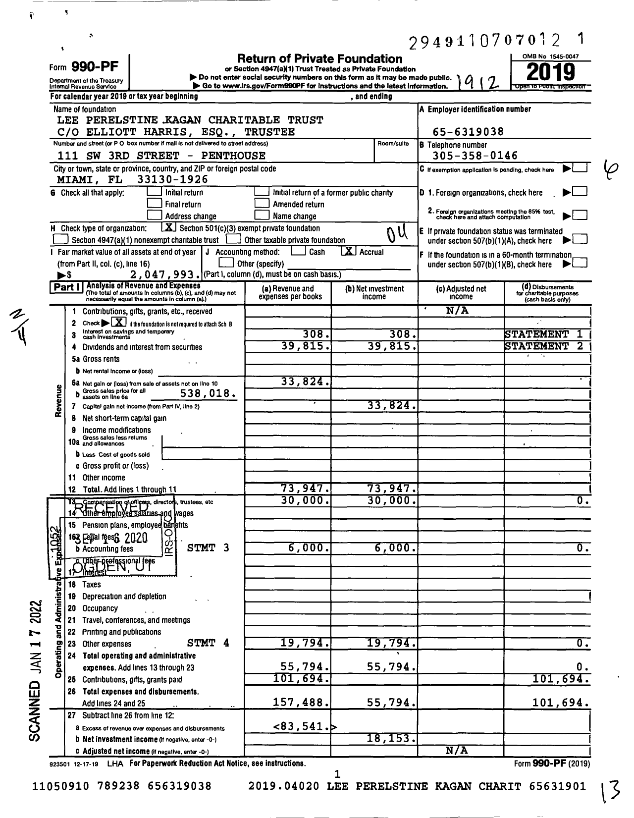 Image of first page of 2019 Form 990PF for Lee Perelstine Kagan Charitable Trust