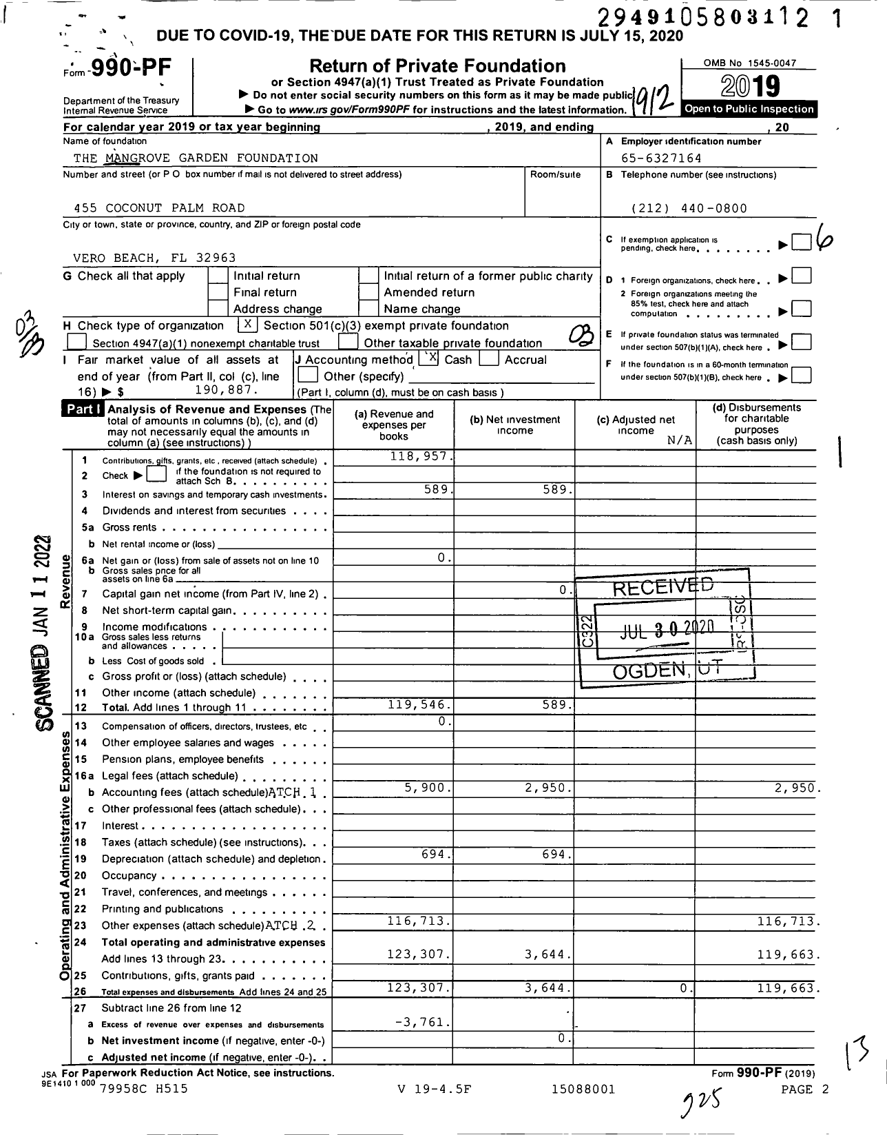 Image of first page of 2019 Form 990PF for The Mangrove Garden Foundation