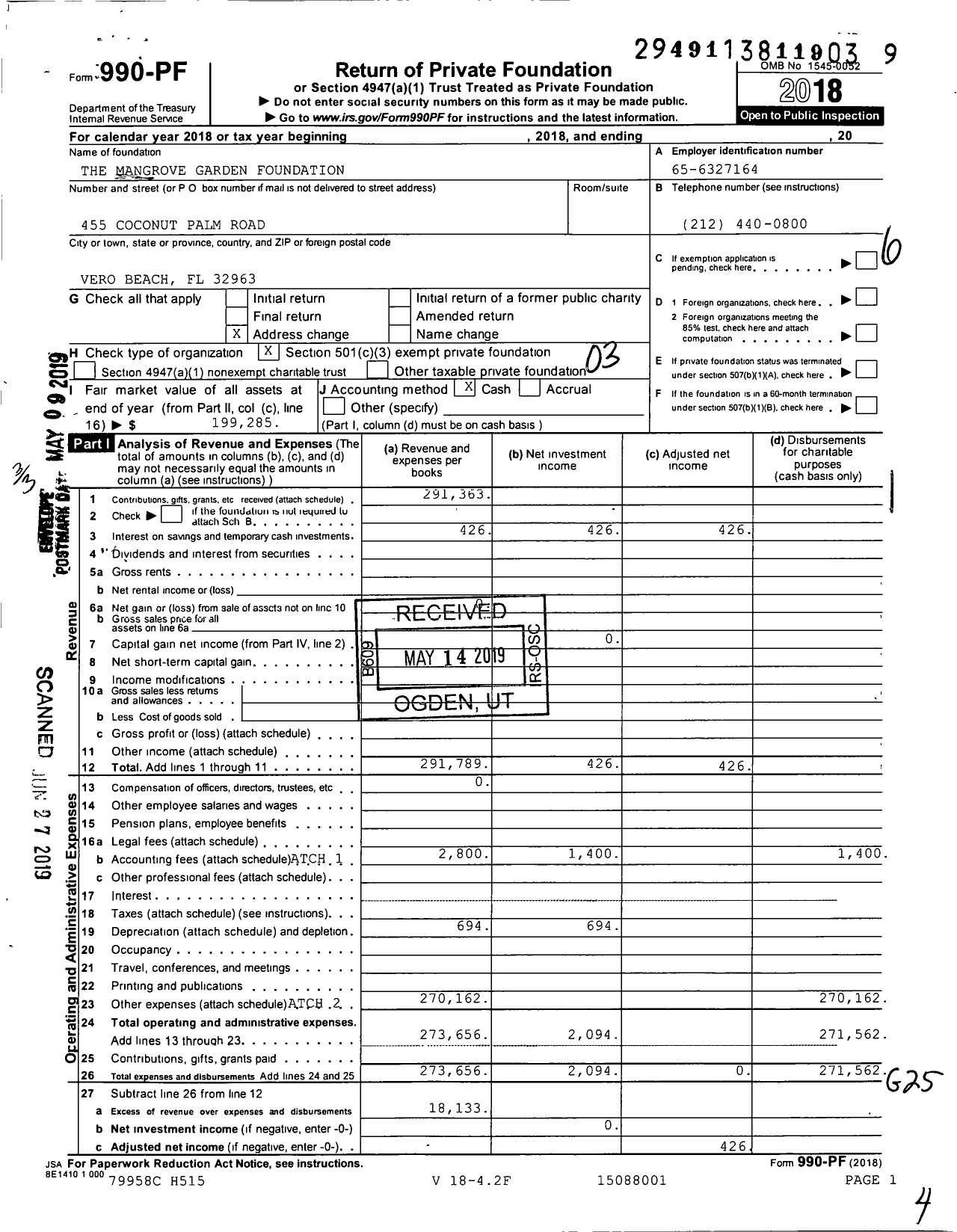 Image of first page of 2018 Form 990PF for The Mangrove Garden Foundation