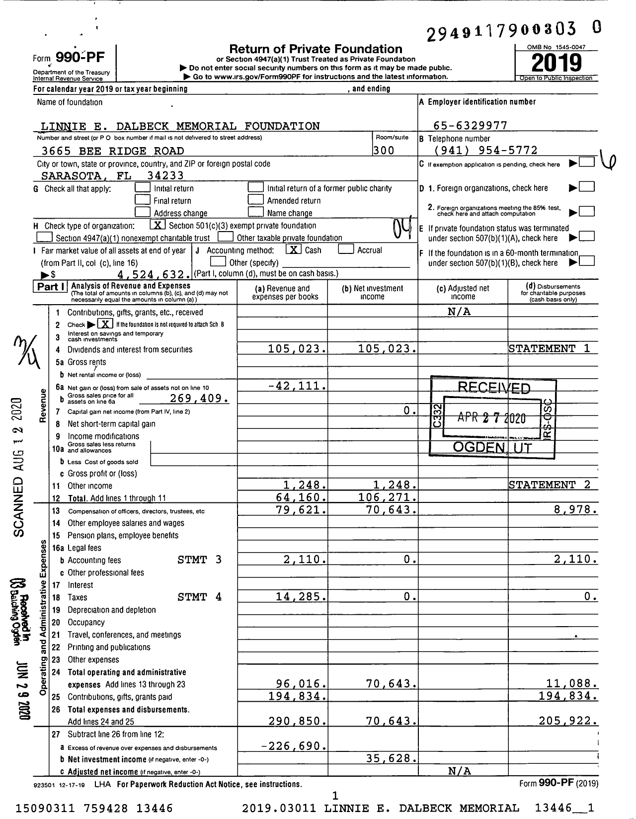 Image of first page of 2019 Form 990PR for Linnie E Dalbeck Memorial Foundation