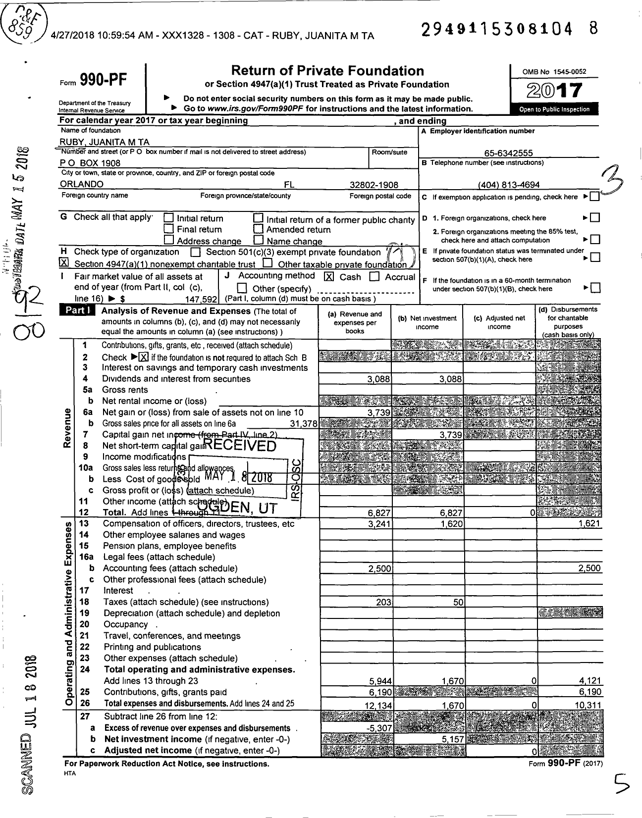 Image of first page of 2017 Form 990PF for Ruby Juanita M Ta