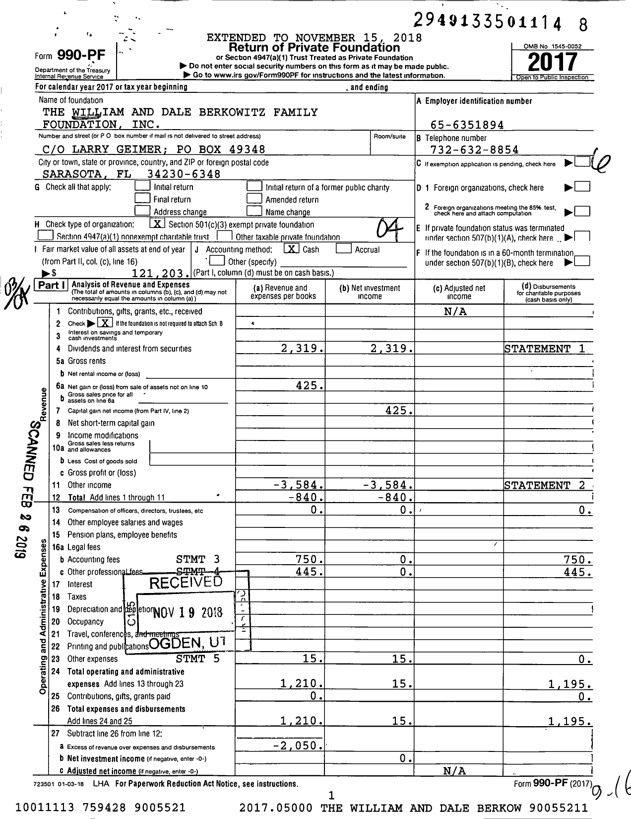 Image of first page of 2017 Form 990PF for The William and Dale Berkowitz Family Foundation