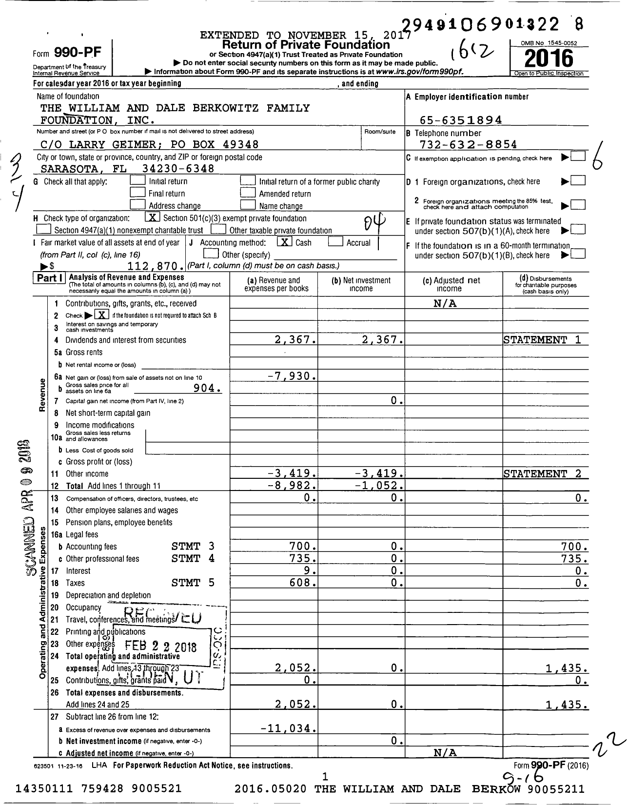 Image of first page of 2016 Form 990PF for The William and Dale Berkowitz Family Foundation