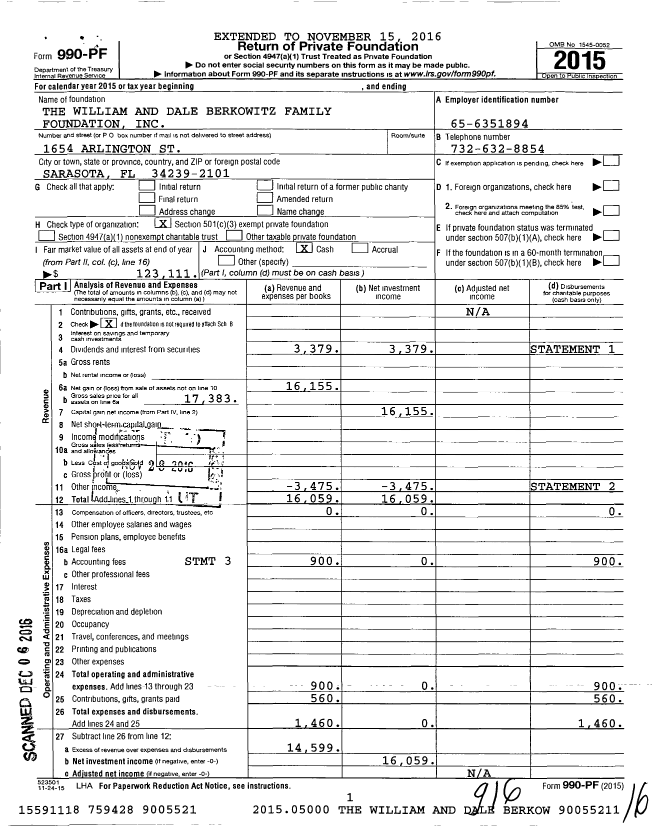 Image of first page of 2015 Form 990PF for The William and Dale Berkowitz Family Foundation
