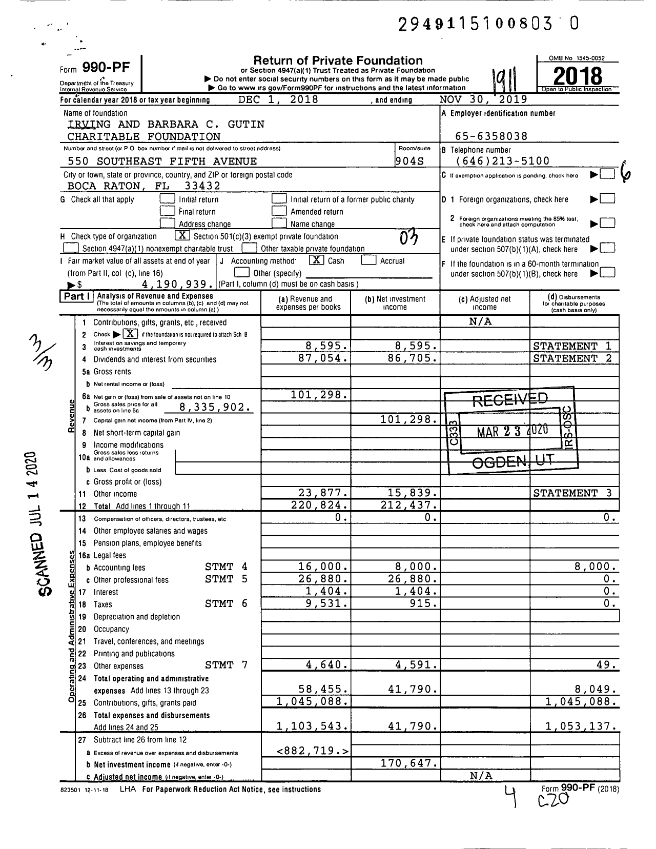 Image of first page of 2018 Form 990PR for Irving and Barbara C Gutin Charitable Foundation