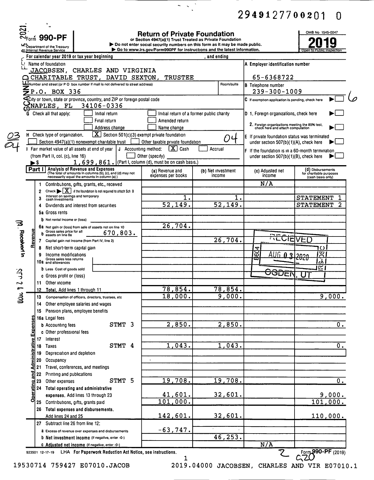 Image of first page of 2019 Form 990PF for Jacobsen Charles and Virginia Charitable Trust David Sexton Trustee