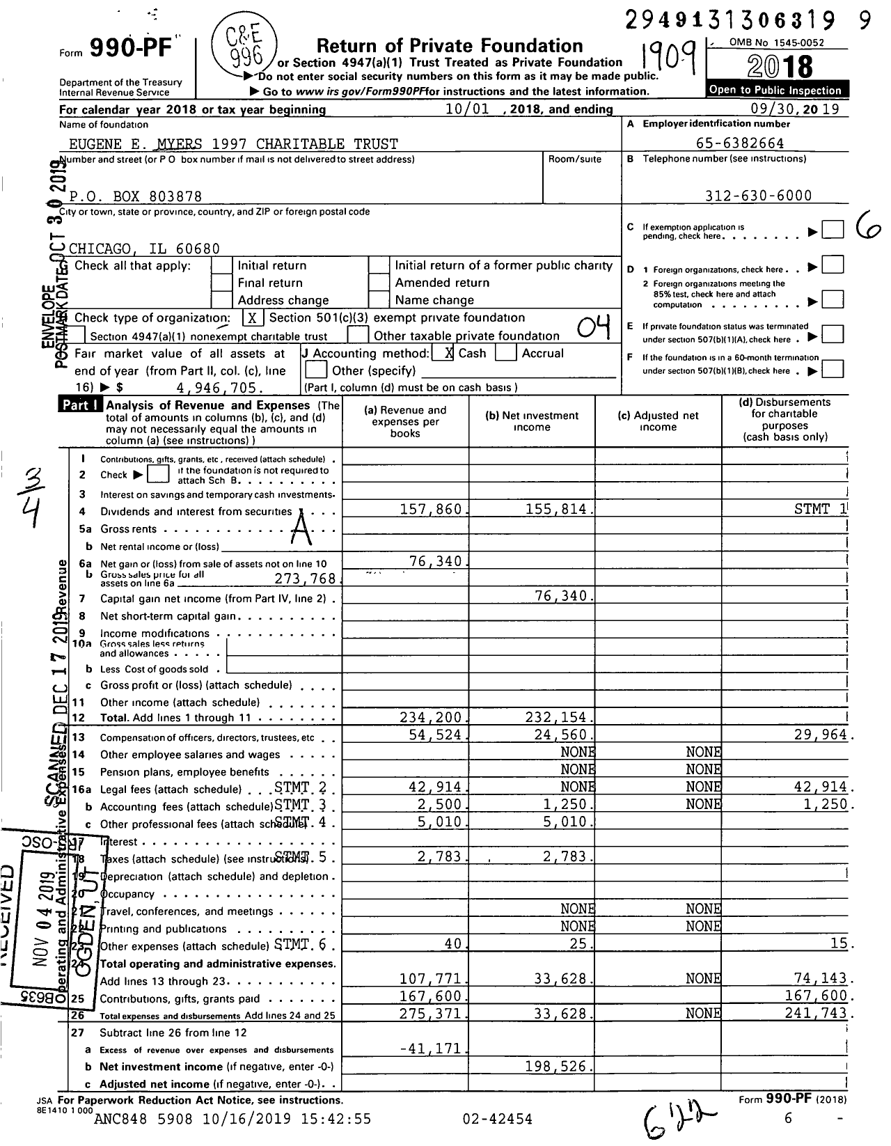 Image of first page of 2018 Form 990PF for Eugene E Myers 1997 Charitable Trust