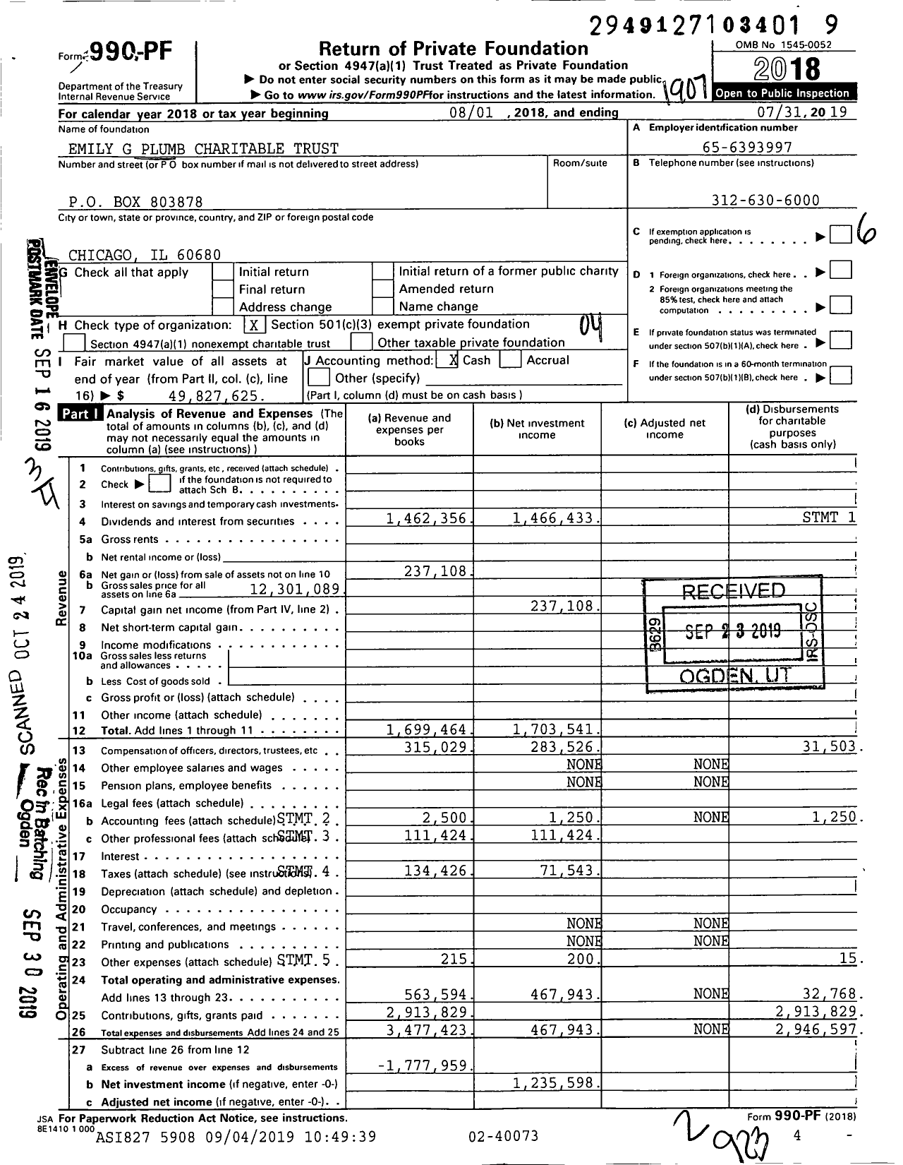 Image of first page of 2018 Form 990PF for Emily G Plumb Charitable Trust