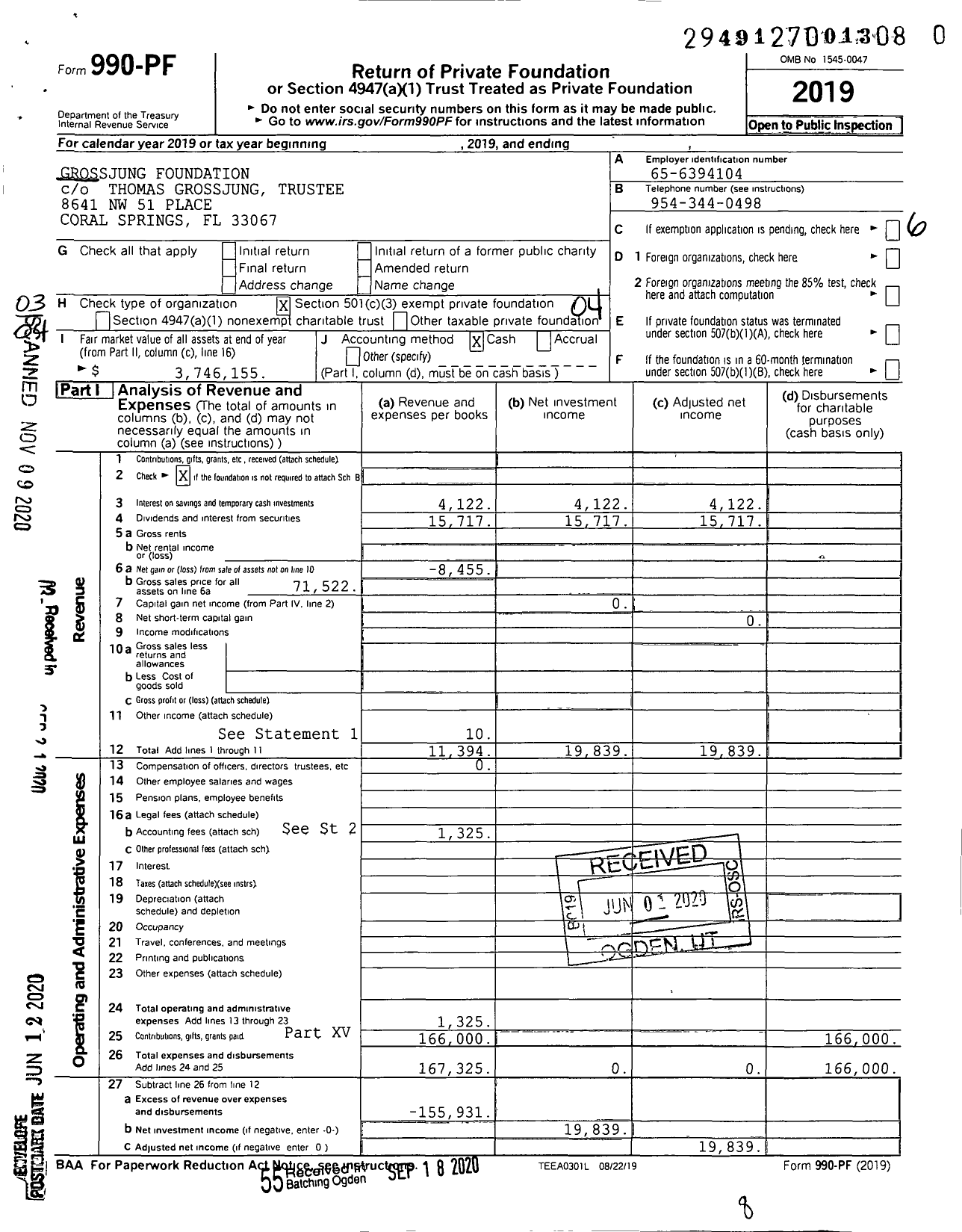 Image of first page of 2019 Form 990PF for Grossjung Foundation