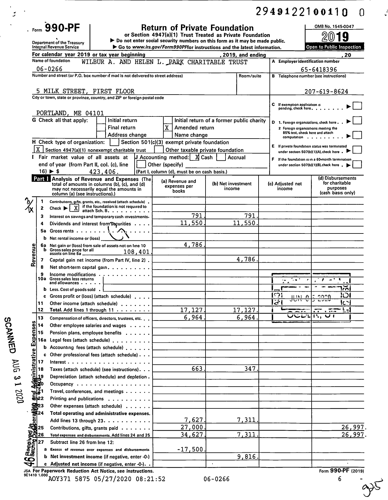 Image of first page of 2019 Form 990PR for Wilbur A and Helen L Park Charitable Trust