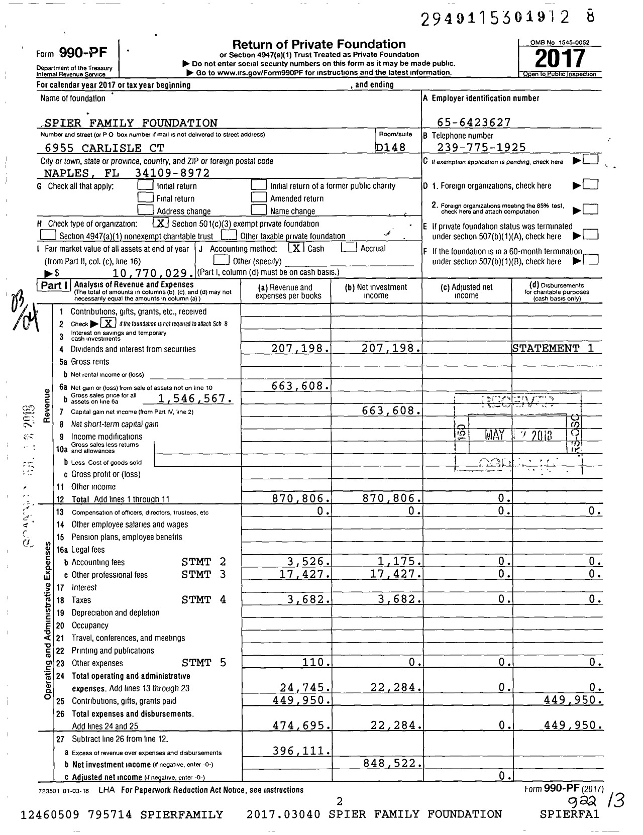 Image of first page of 2017 Form 990PF for Spier Family Foundation