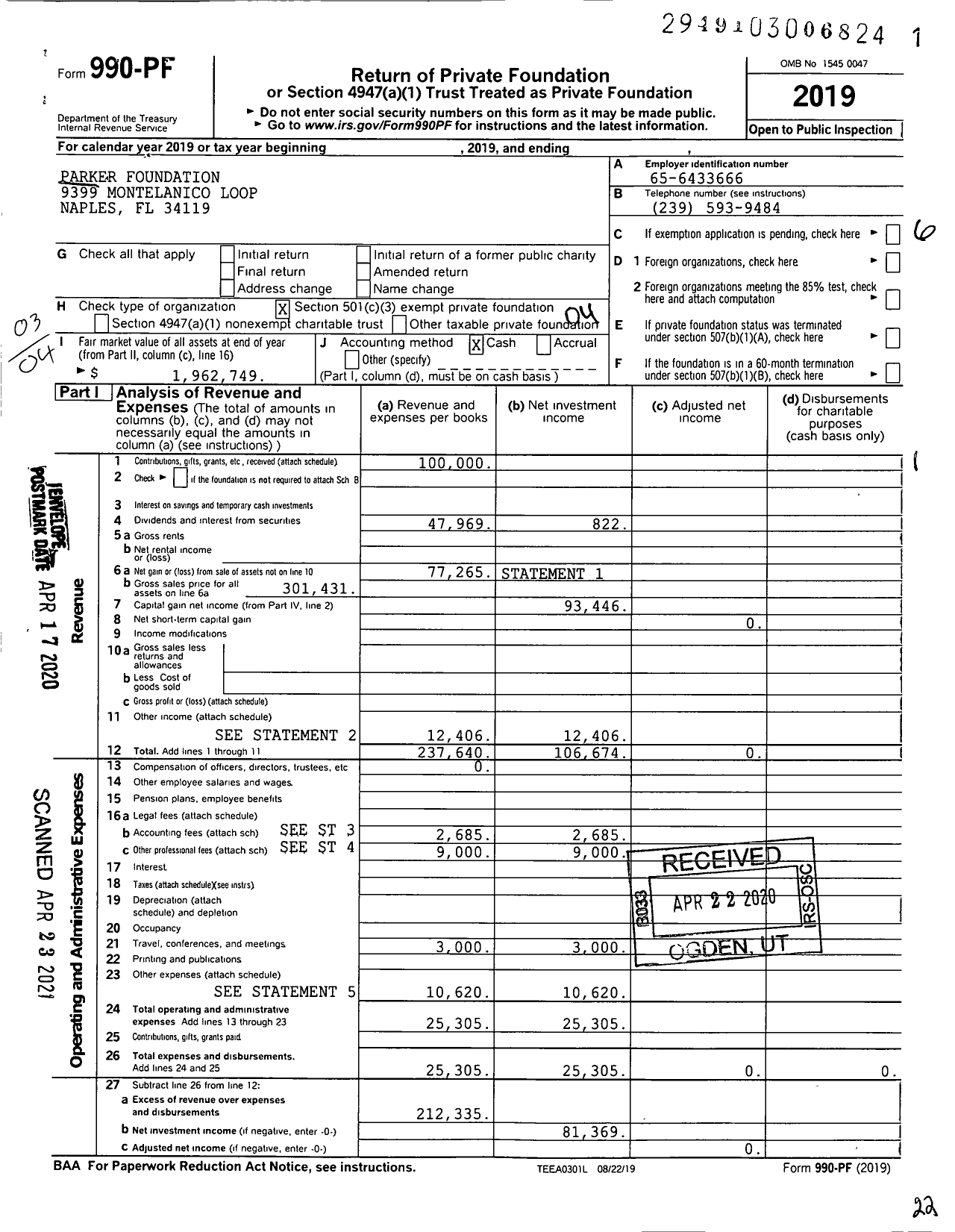 Image of first page of 2019 Form 990PF for Parker Foundation / Parker Robert C Et Al Ttee