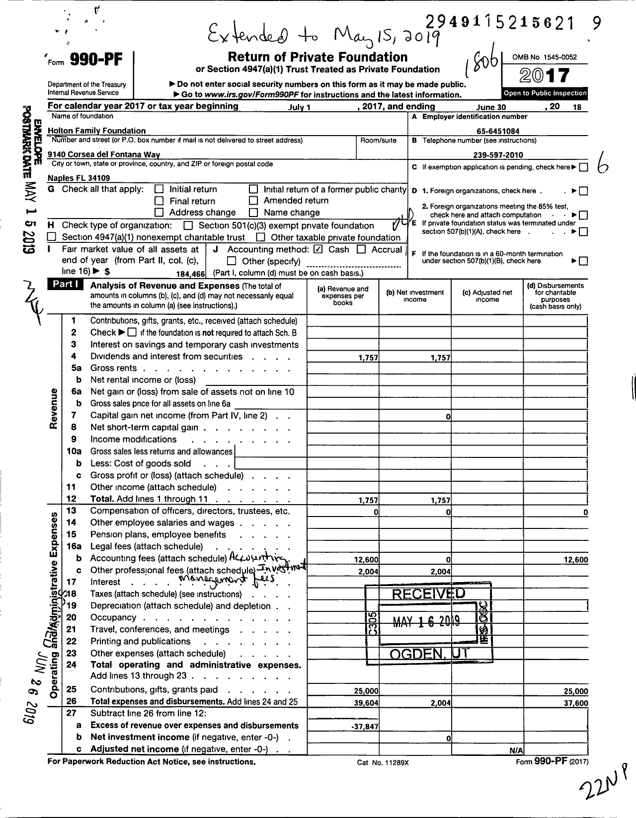 Image of first page of 2017 Form 990PF for Holton Family Foundation / Donald & Elizabeth Holton Ttee