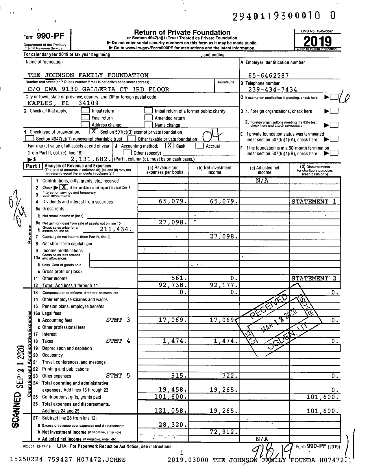 Image of first page of 2019 Form 990PR for The Johnson Family Foundation / Glen R Johnson Et Al Fid