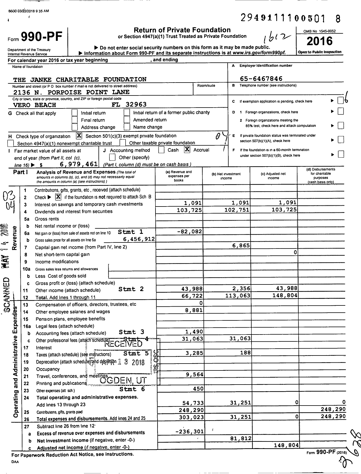 Image of first page of 2016 Form 990PF for The Walter and Lalita Janke Charitable Foundation