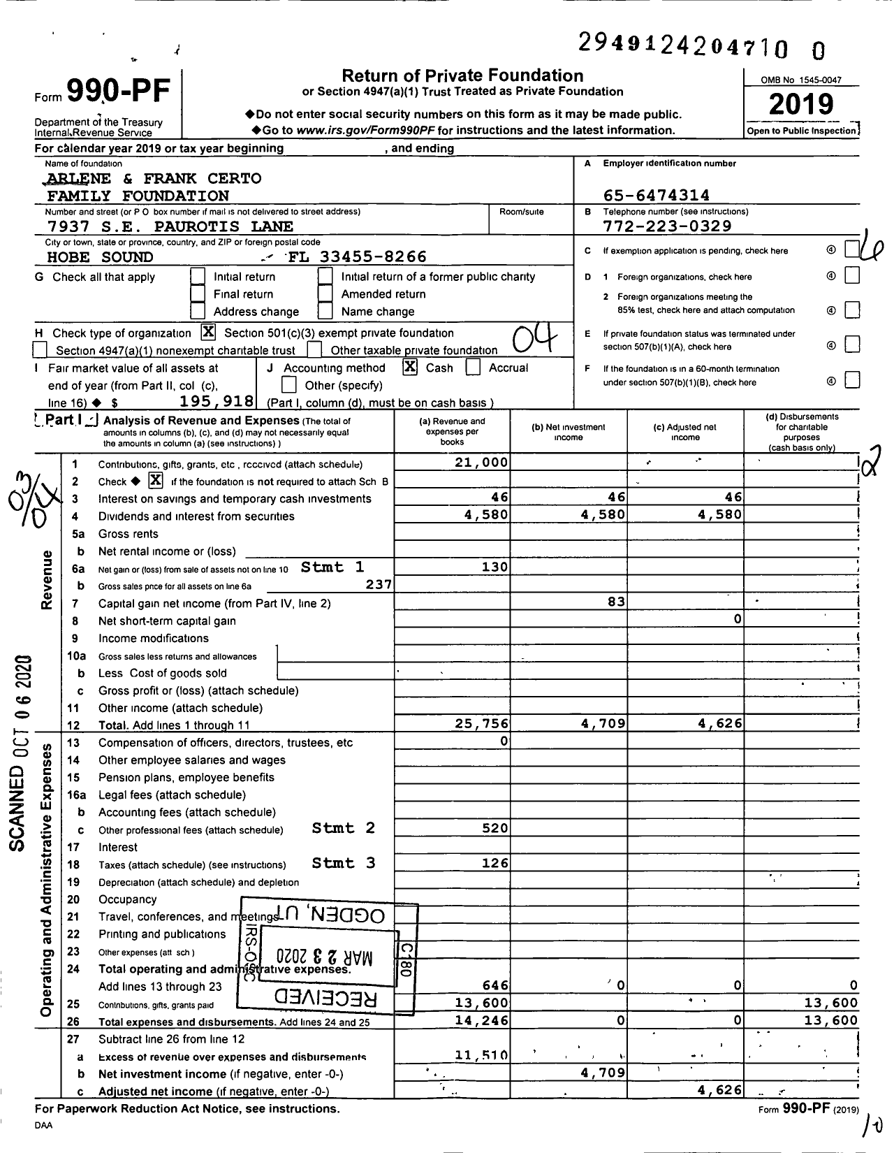 Image of first page of 2019 Form 990PR for Arlene and Frank Certo Family Foundation