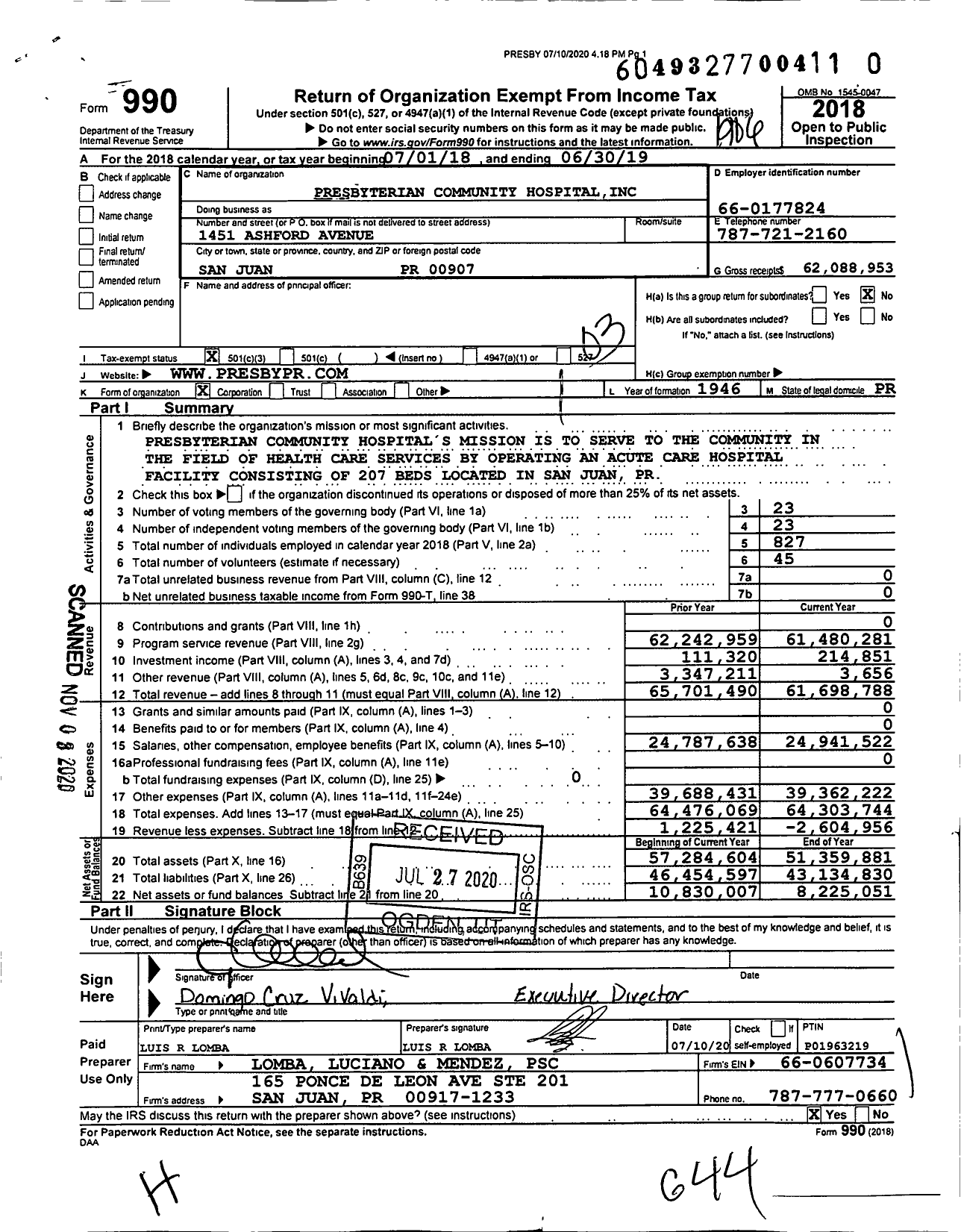 Image of first page of 2018 Form 990 for Presbyterian Community Hospital
