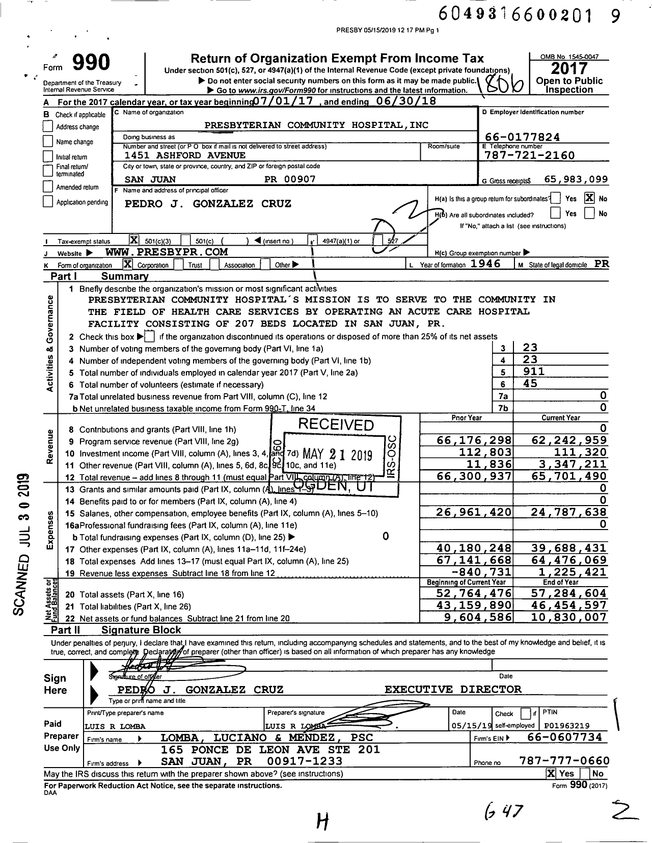 Image of first page of 2017 Form 990 for Presbyterian Community Hospital