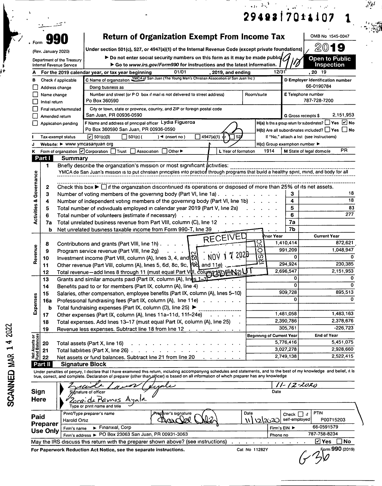 Image of first page of 2019 Form 990 for The Young Mens Christian Association of San Juanymc