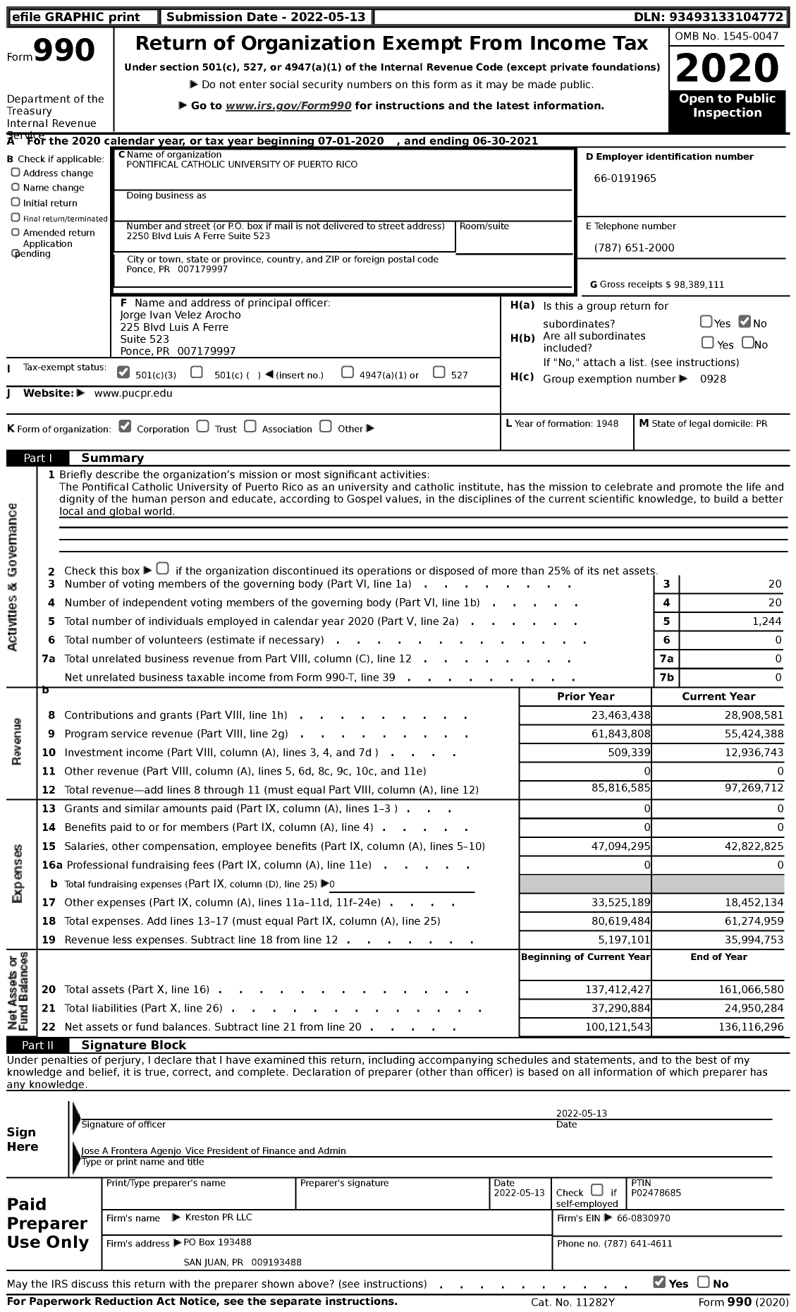 Image of first page of 2020 Form 990 for Pontifical Catholic University of Puerto Rico