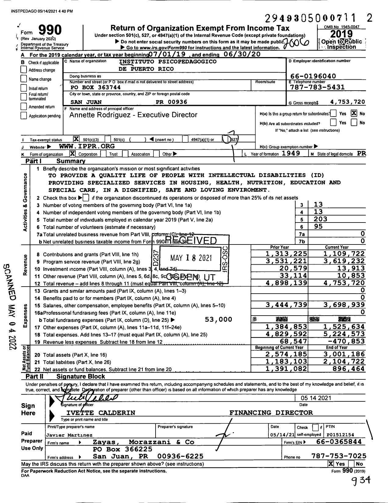 Image of first page of 2019 Form 990 for Instituto Psicopedagogico de Puerto Rico
