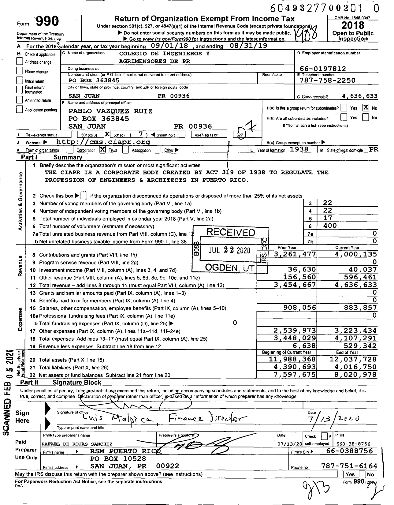 Image of first page of 2018 Form 990O for Colegio de Ingenieros Y Agrimensores de PR