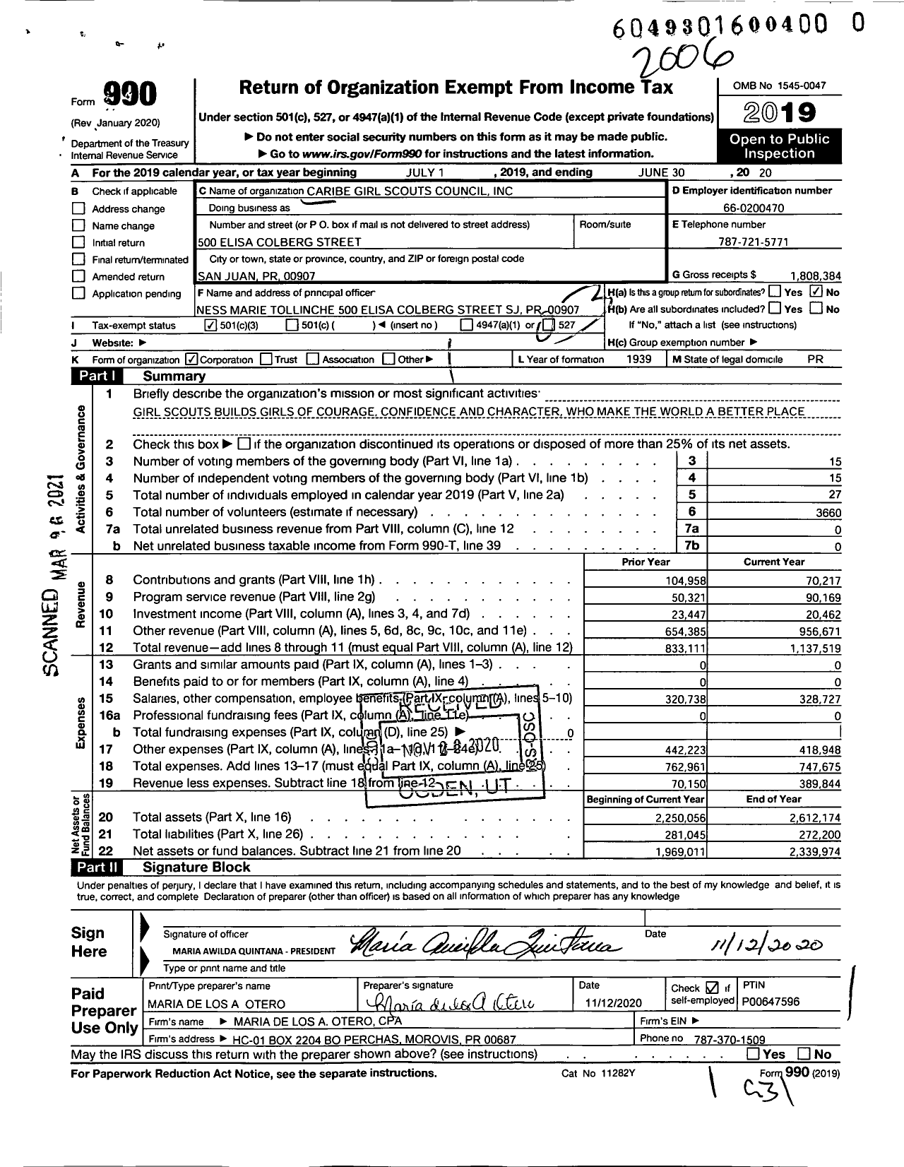 Image of first page of 2019 Form 990 for Caribe Girl Scouts Council