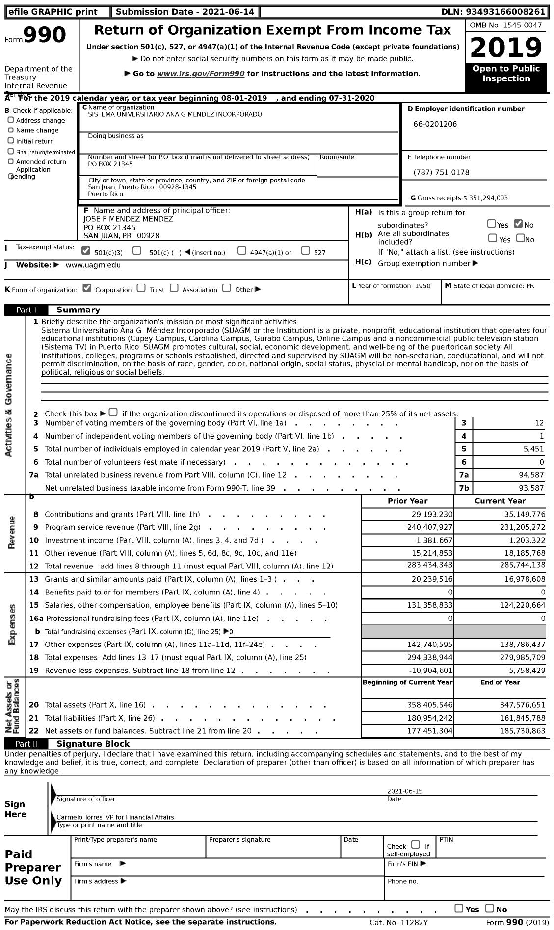 Image of first page of 2019 Form 990 for Sistema Universitario Ana G Mendez Incorporado (SUAGM)