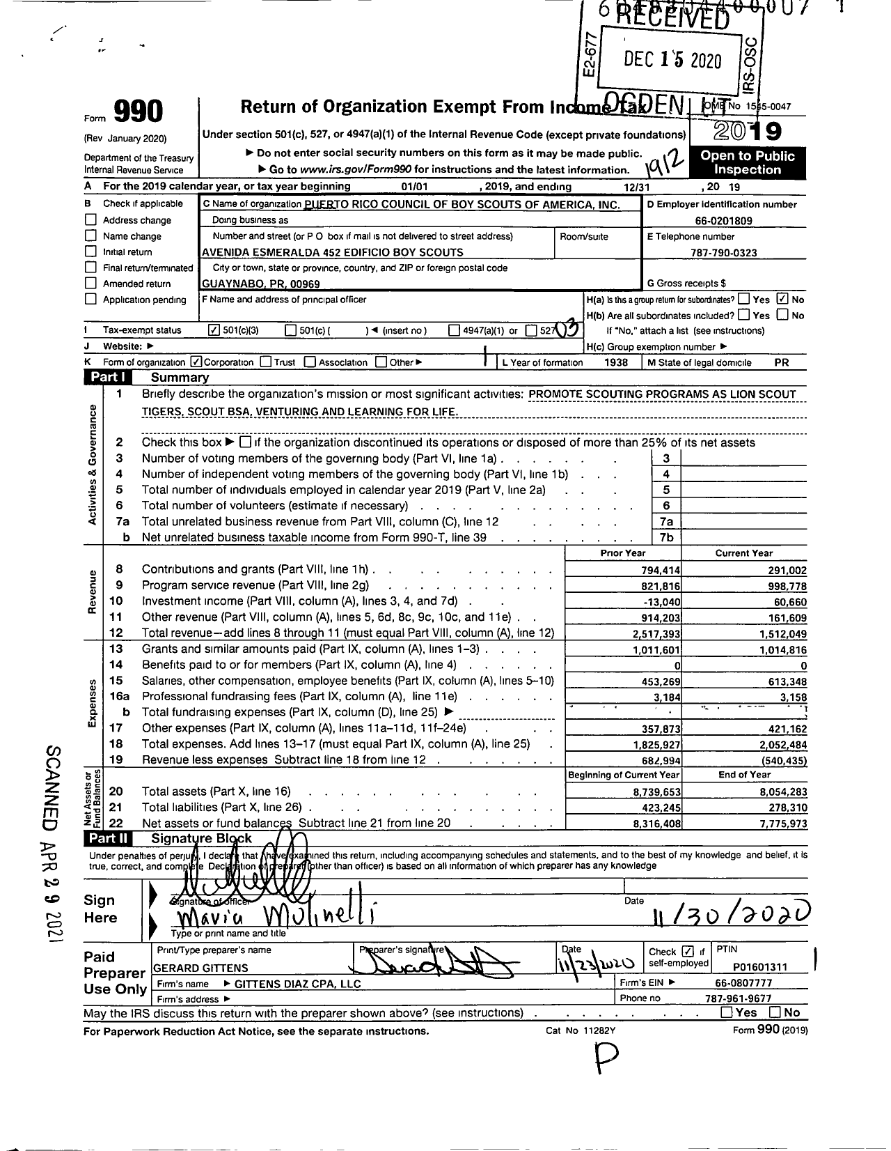 Image of first page of 2019 Form 990 for Boy Scouts of America - Boy Scouts of America