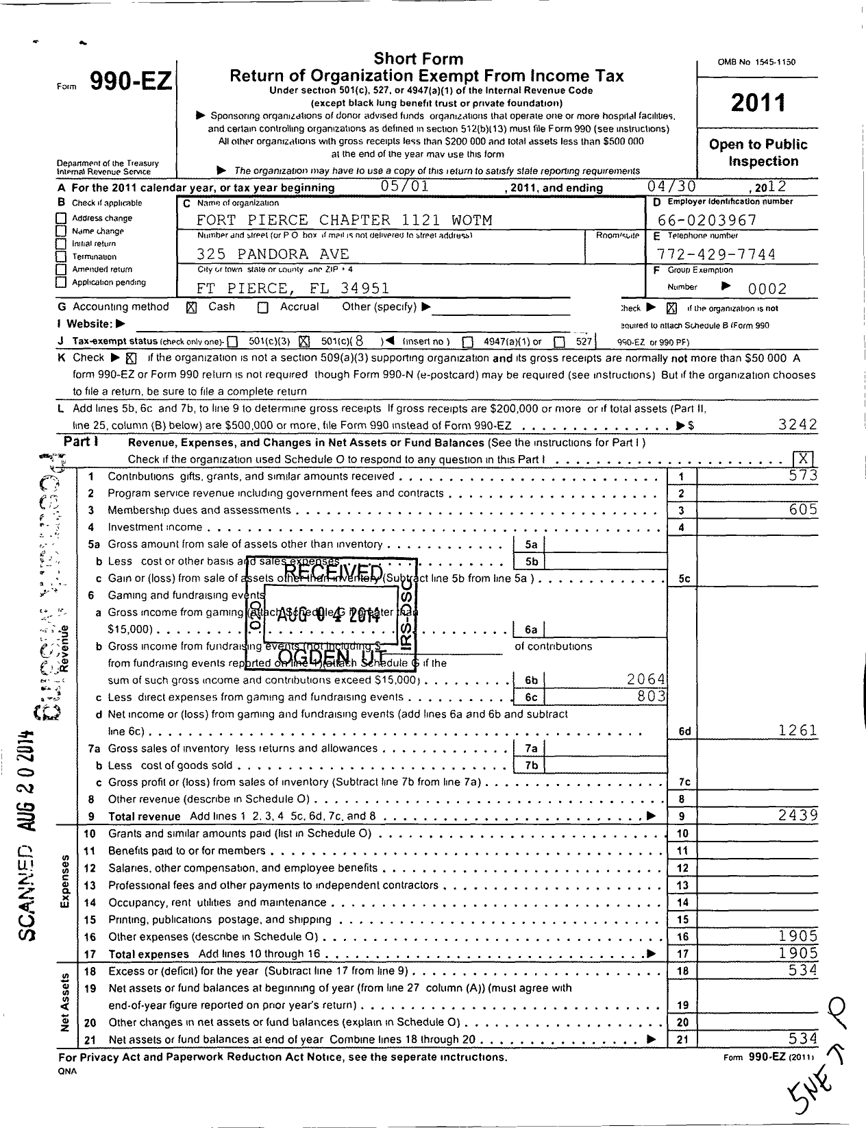 Image of first page of 2011 Form 990EO for Fort Pierce Chapt 1121 Women of the Moose