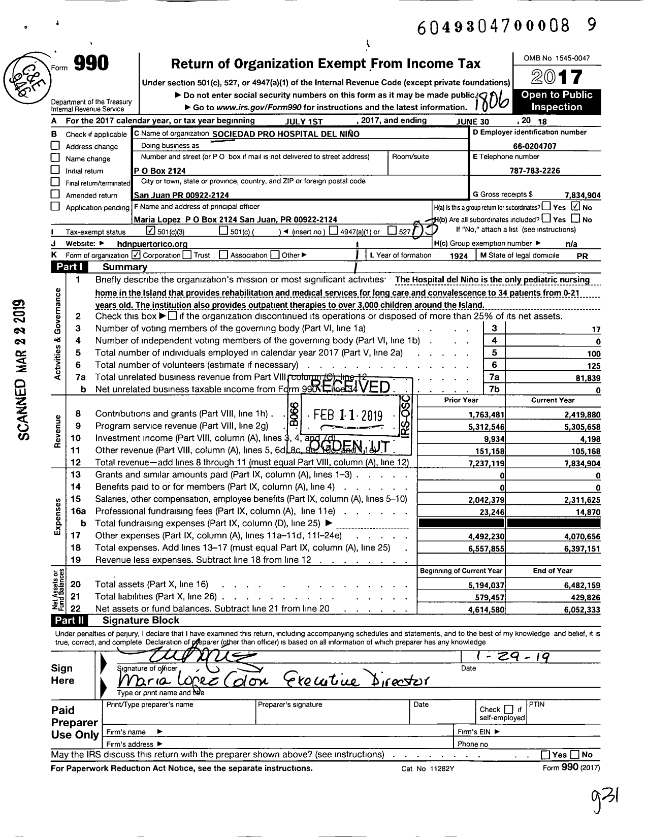 Image of first page of 2017 Form 990 for Sociedad Pro Hospital Del Nino