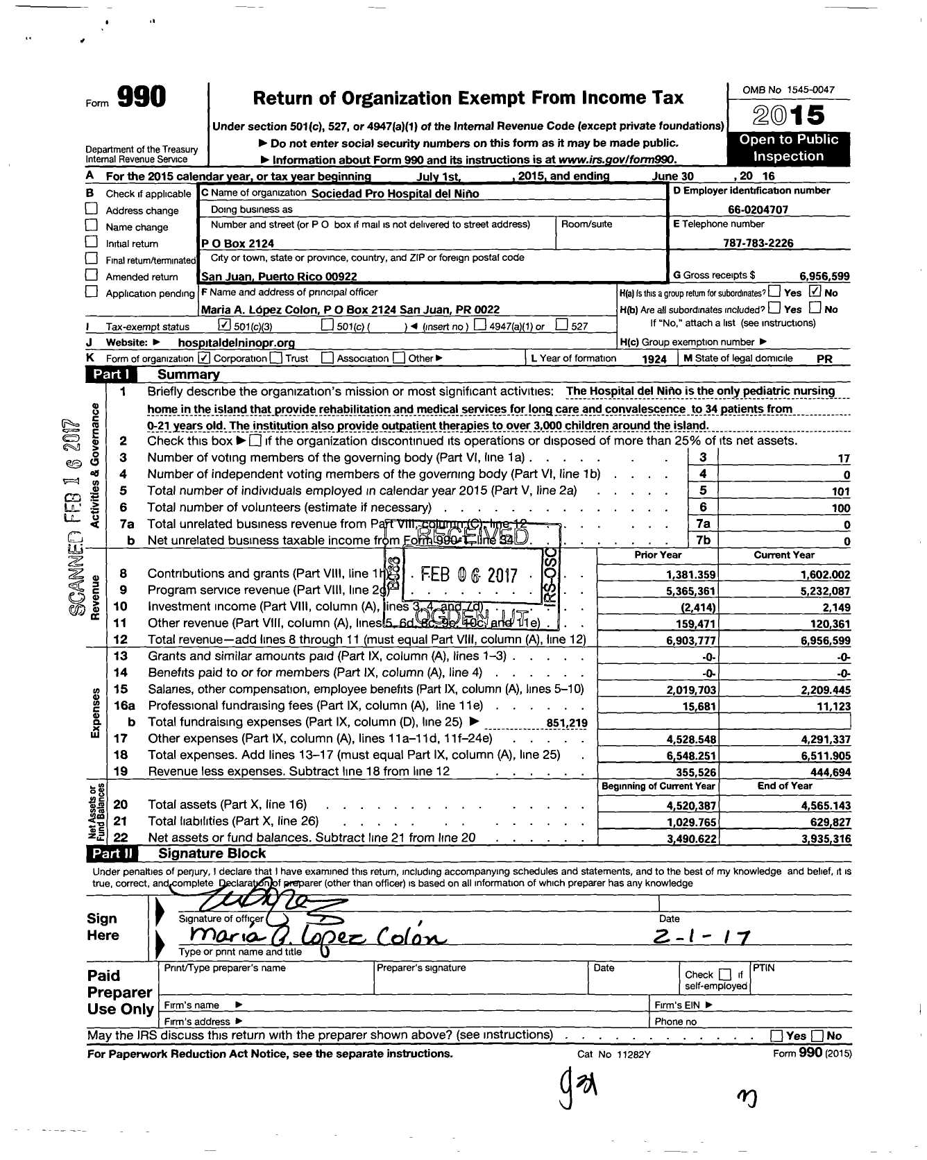 Image of first page of 2015 Form 990 for Sociedad Pro Hospital Del Nino