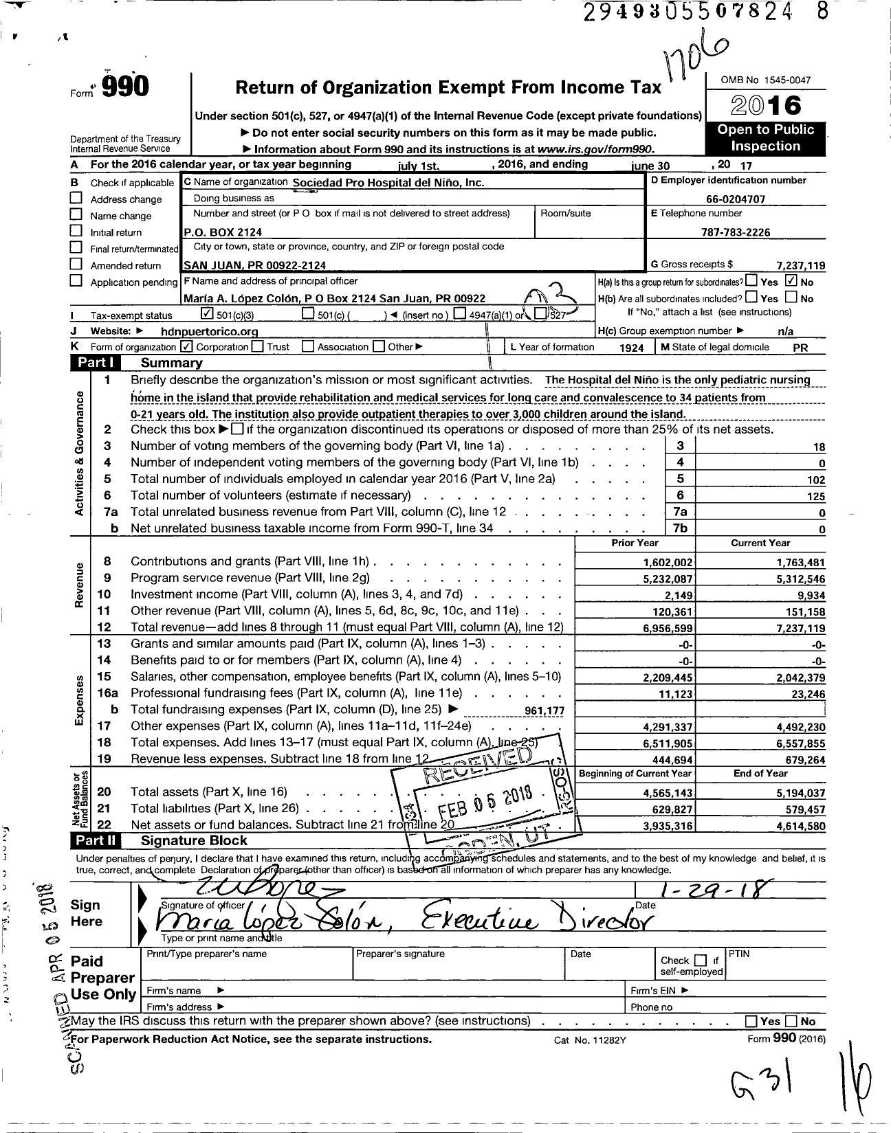 Image of first page of 2016 Form 990 for Sociedad Pro Hospital Del Nino