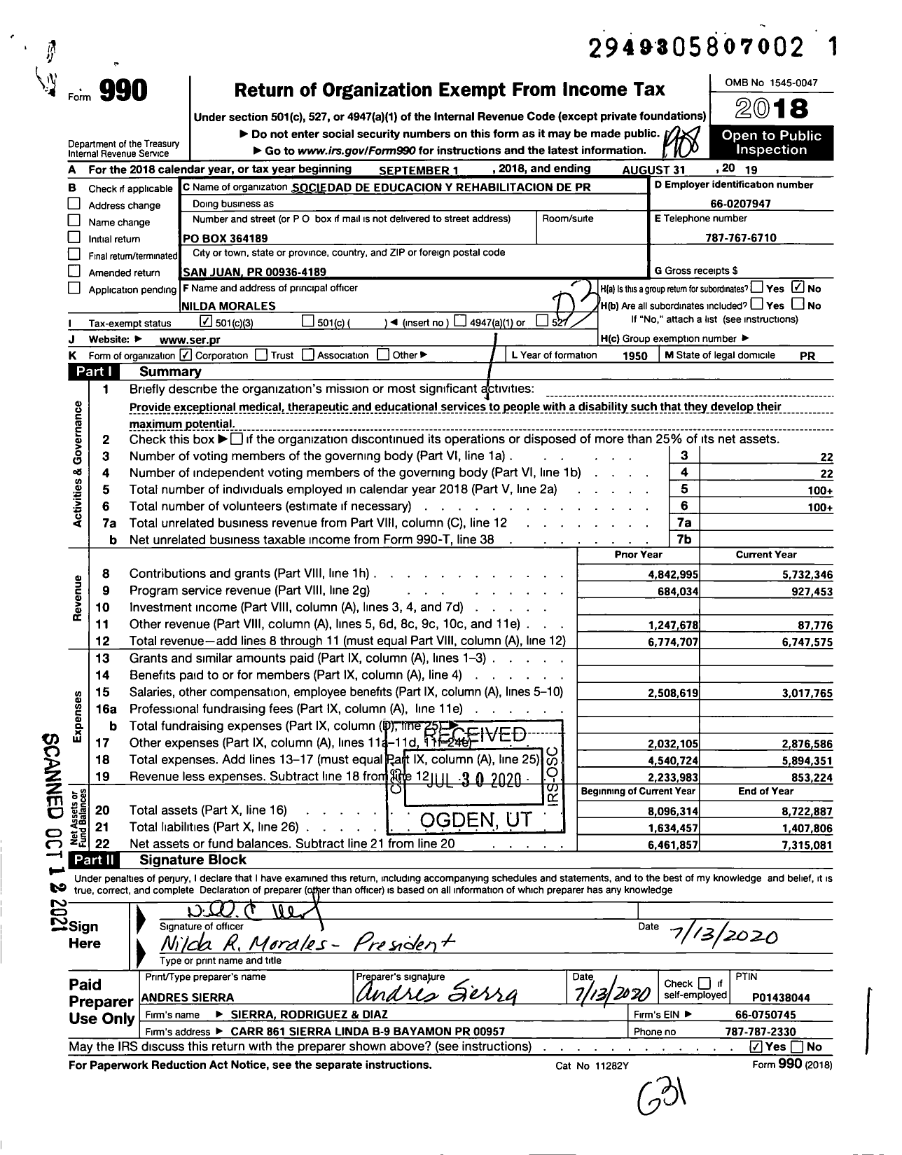 Image of first page of 2018 Form 990 for Sociedad de Educacion Y Rehabilitacion Ser de P R