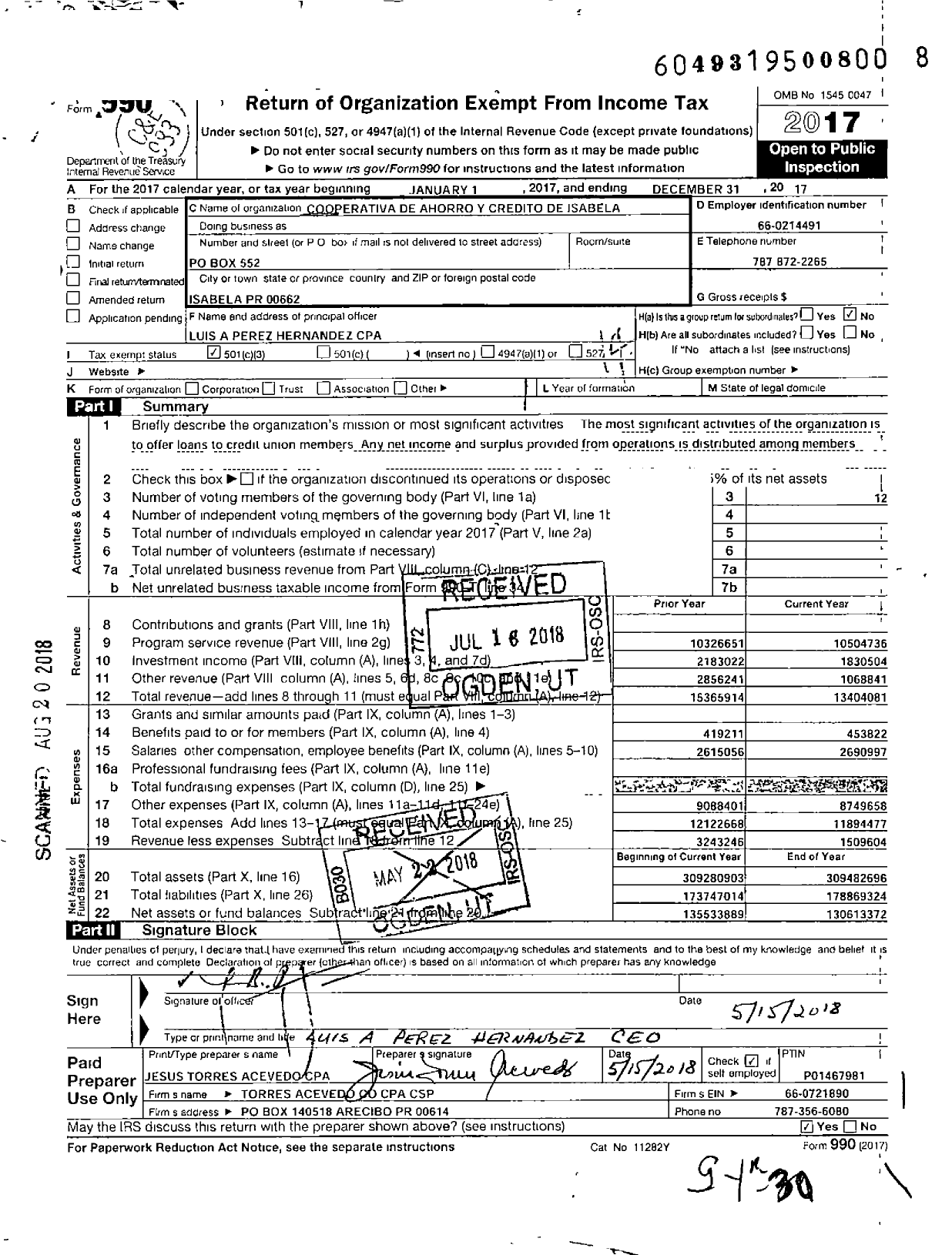 Image of first page of 2017 Form 990O for Cooperativa de Ahorro Y Credito de Isabela