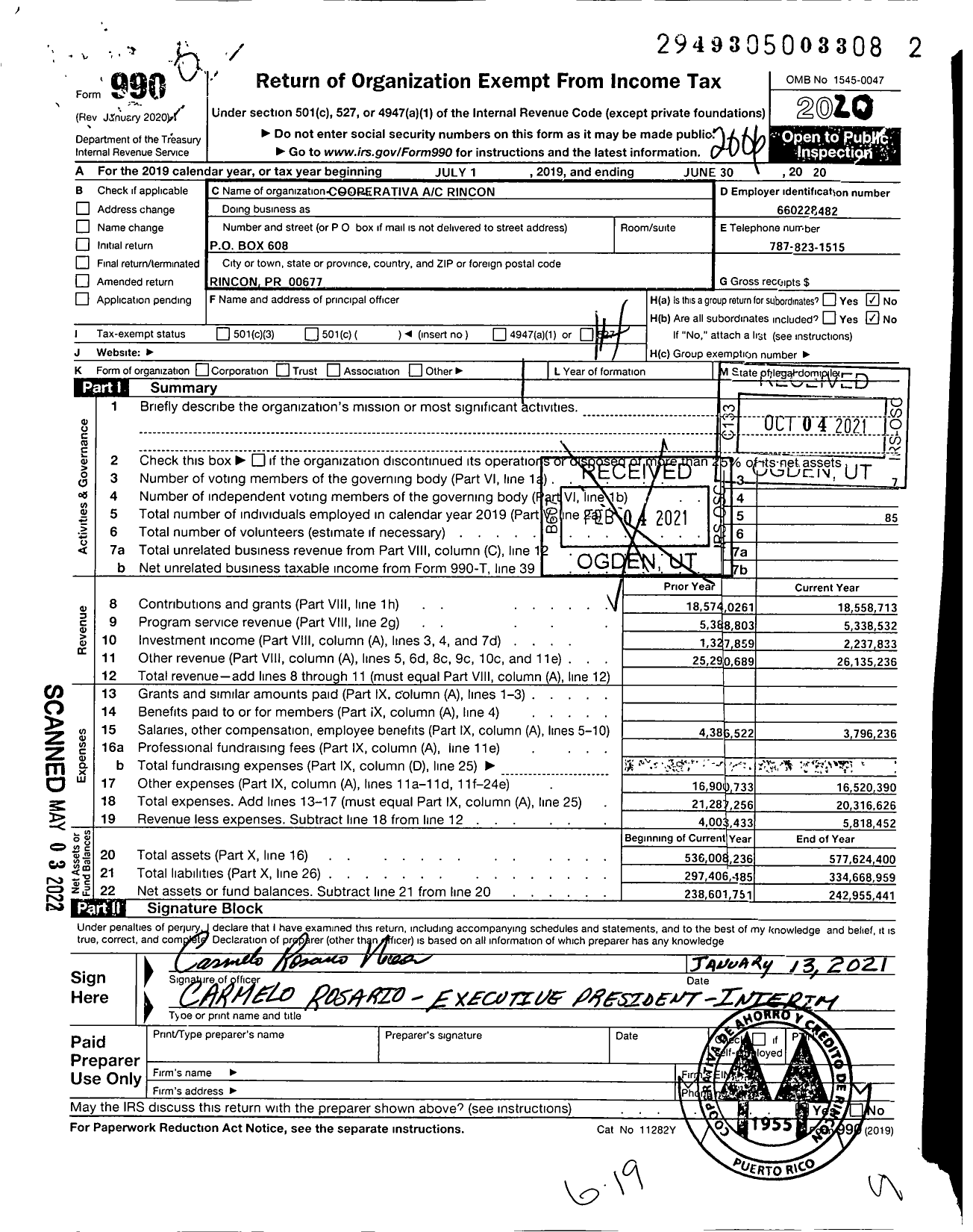 Image of first page of 2019 Form 990O for Cooperativa de Ahorro Y Credito de Rincon