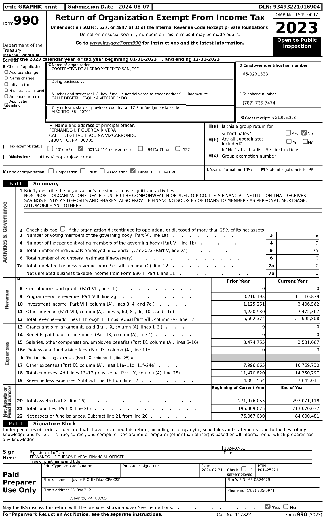 Image of first page of 2023 Form 990 for Cooperativa de Ahorro Y Credito San Jose