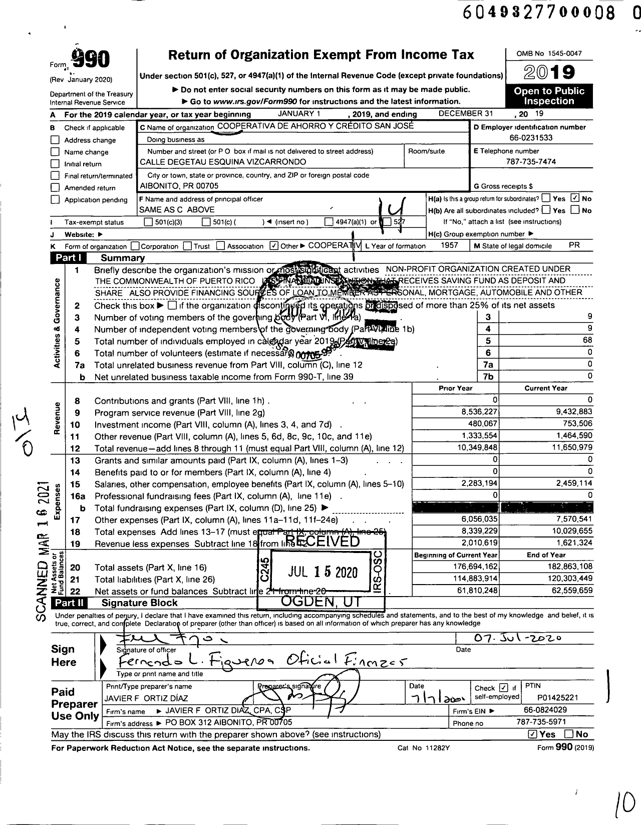 Image of first page of 2019 Form 990O for Cooperativa de Ahorro Y Credito San Jose