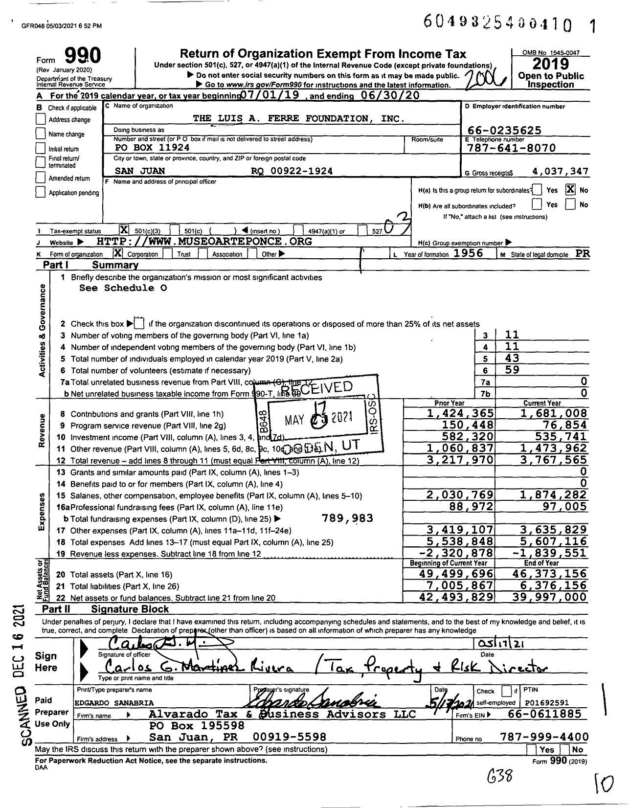 Image of first page of 2019 Form 990 for Museo de Arte de Ponce (MAP)